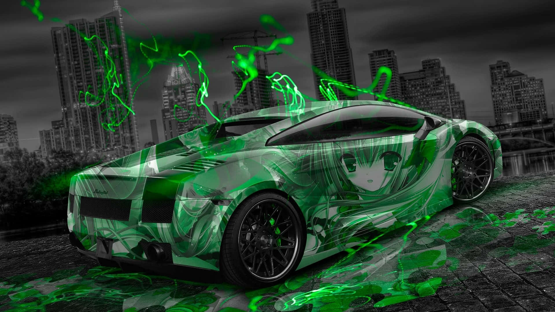 Lamborghini, green anime girl design, sports car, Full HD Desktop Wallpaper