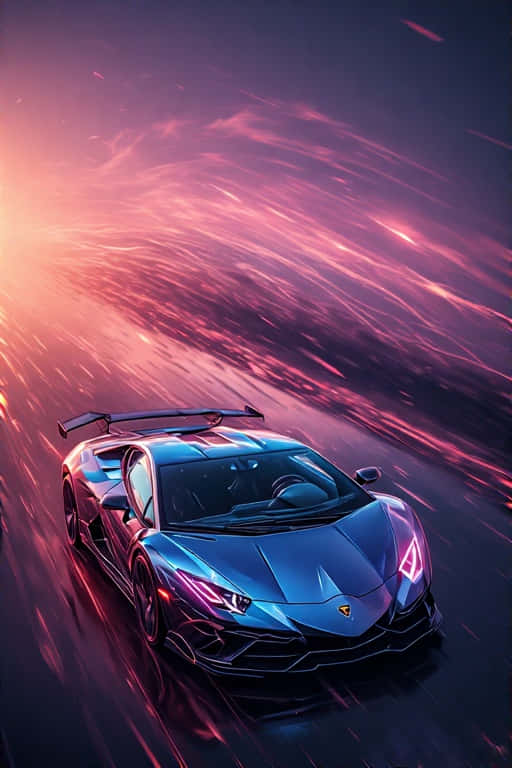 Lamborghini, sleek blue sports car, glowing pink headlights, SD Phone Wallpaper