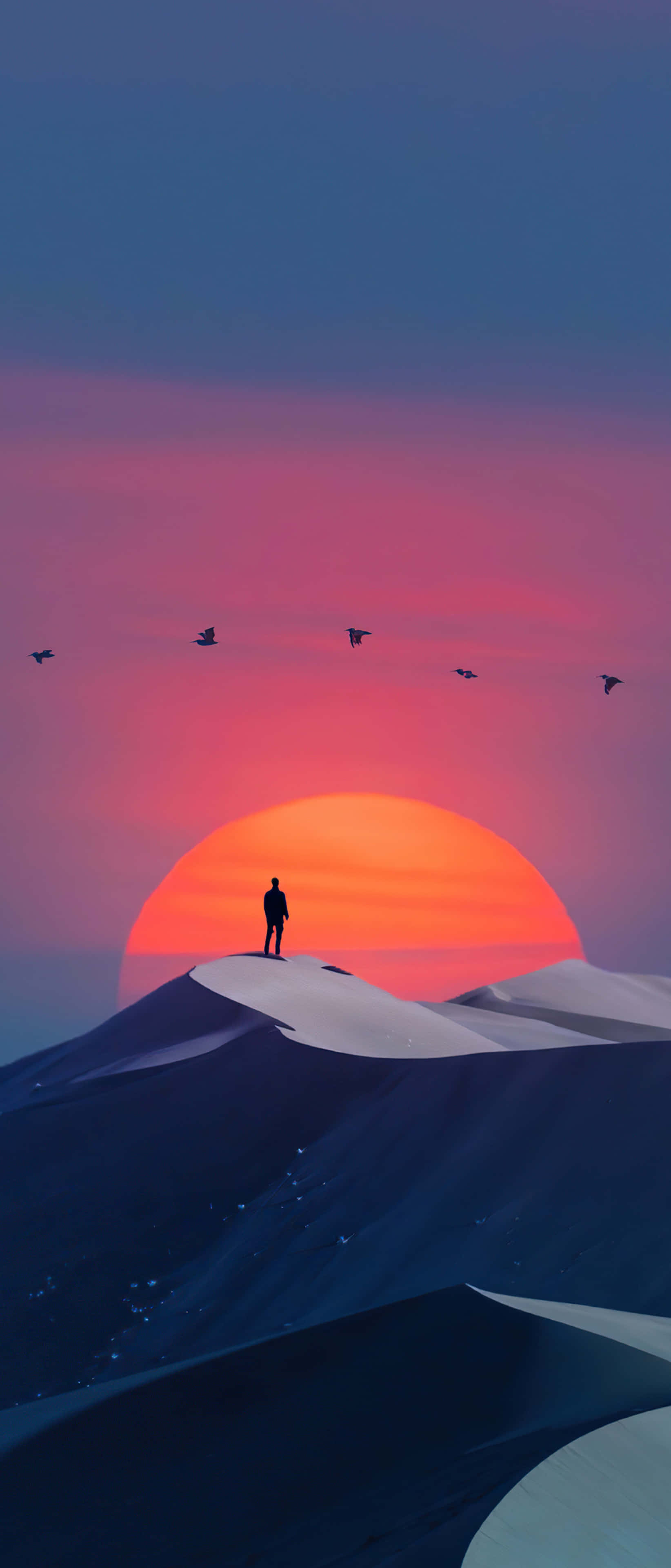 snowy mountain peak, fiery orange sun, pink and purple hues, 4K Phone Wallpaper