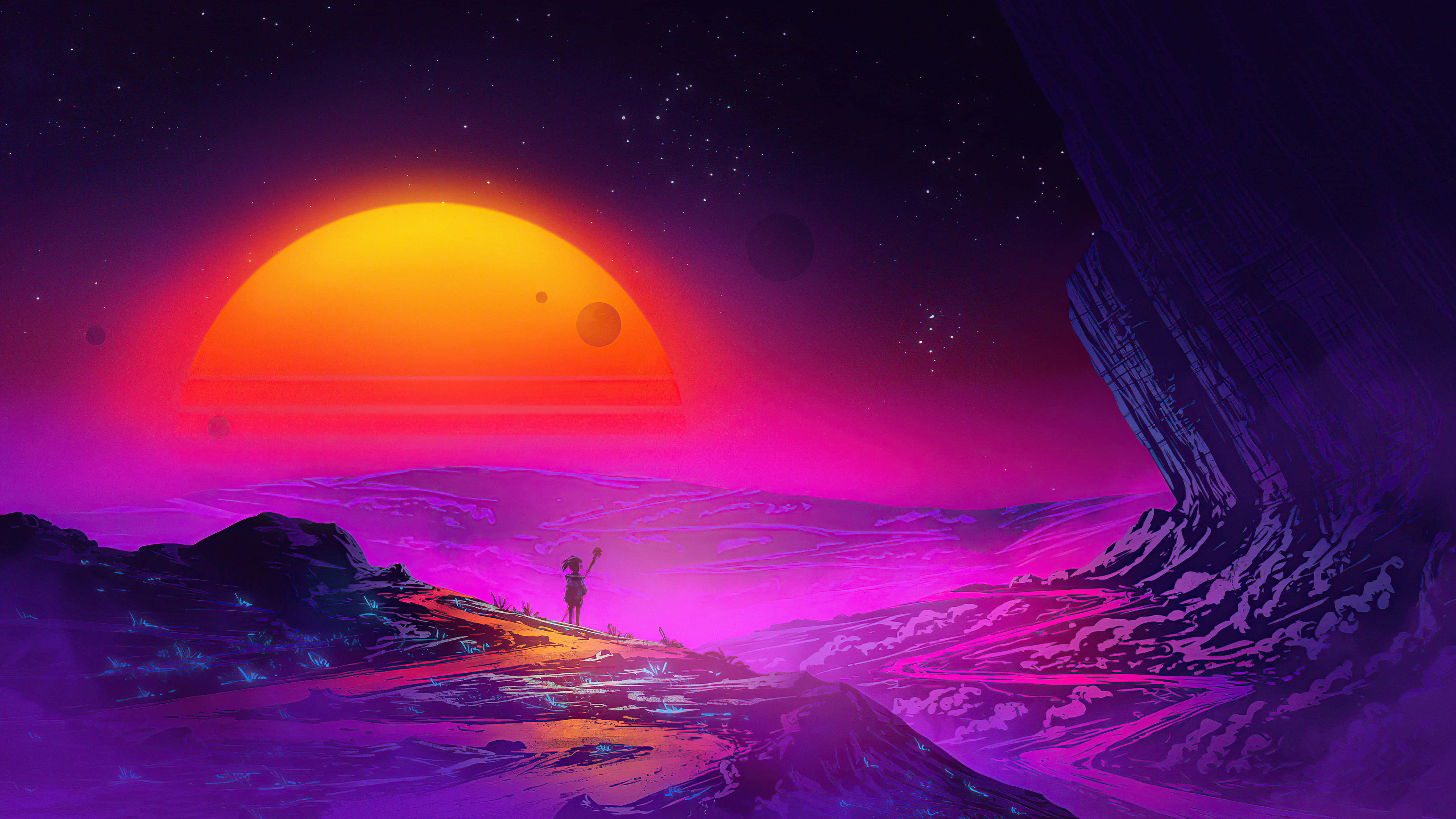 Cool Landscape, glowing alien landscape, massive orange sun, 5K Desktop Wallpaper
