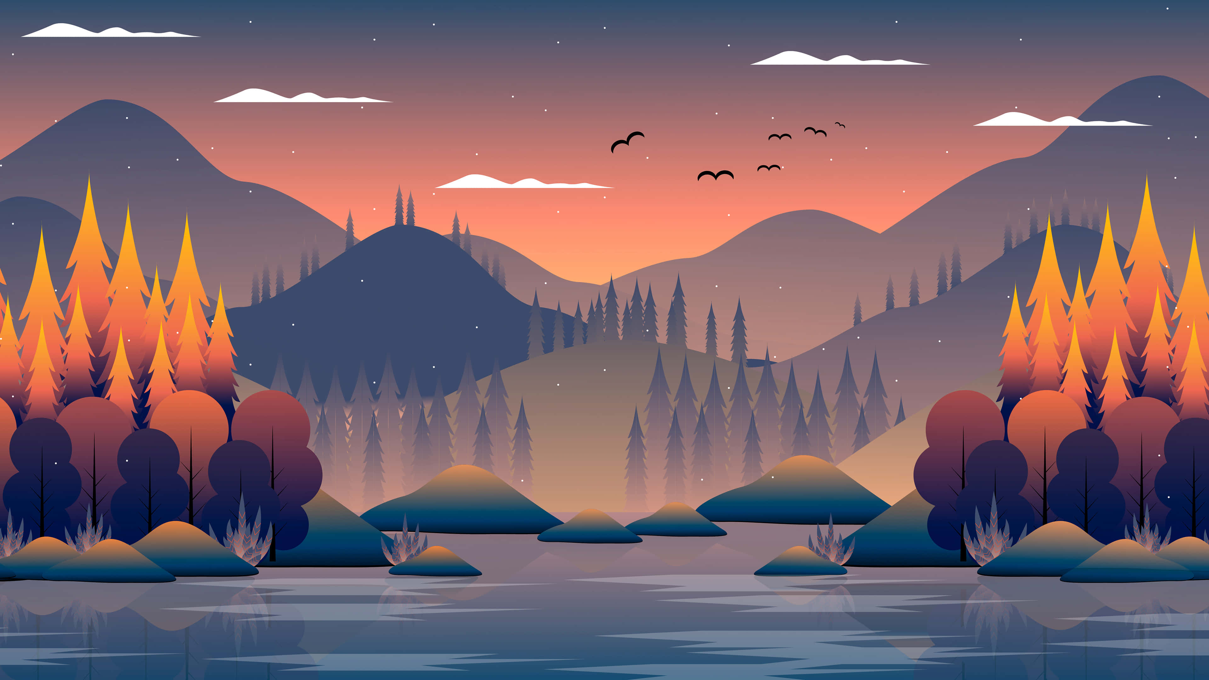 twilight lake, glowing orange and purple trees, distant mountains, 4K Desktop Wallpaper