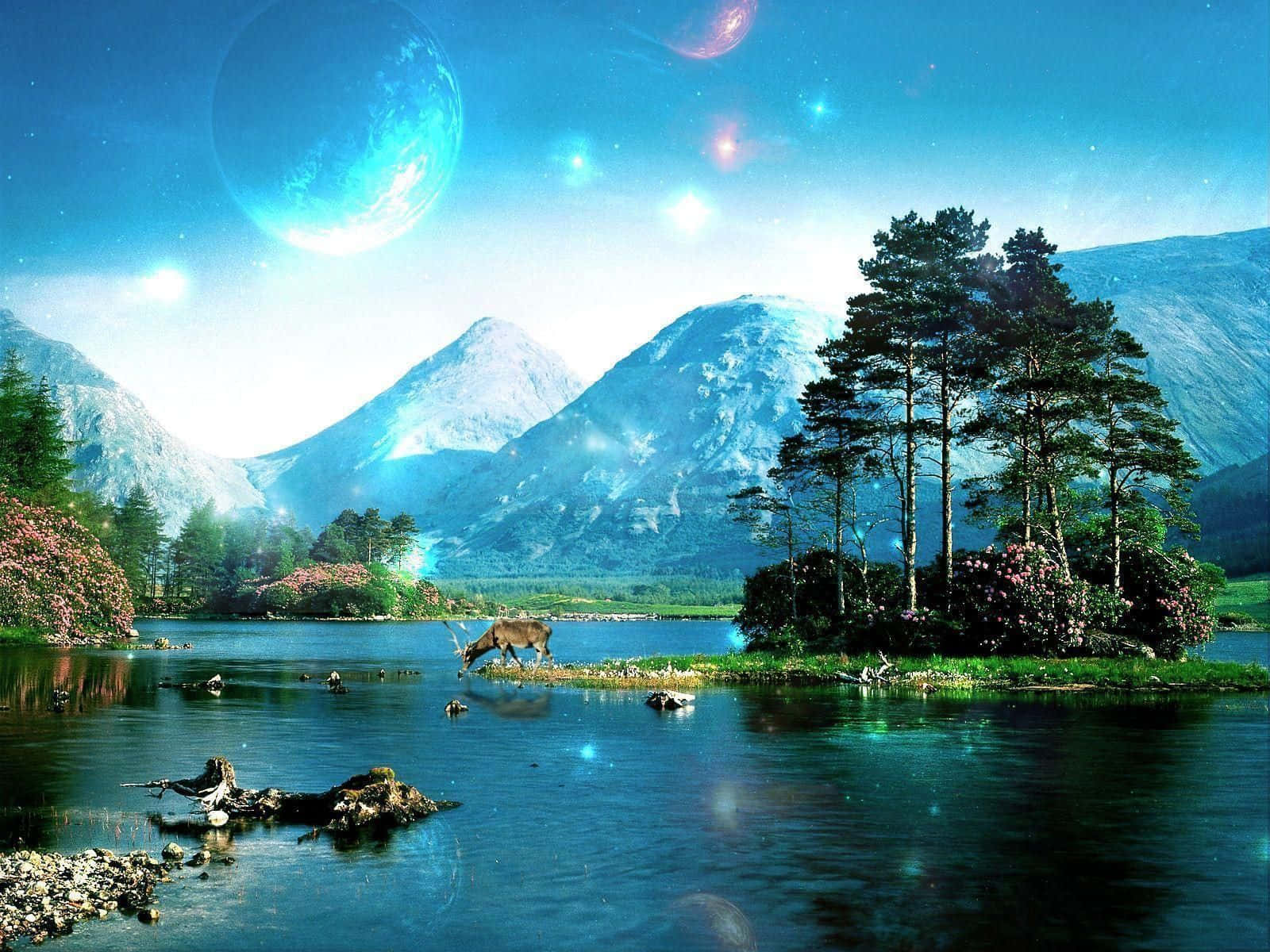 Magnificent Paradise Scenery, deer, tranquil lake, HD Desktop Wallpaper