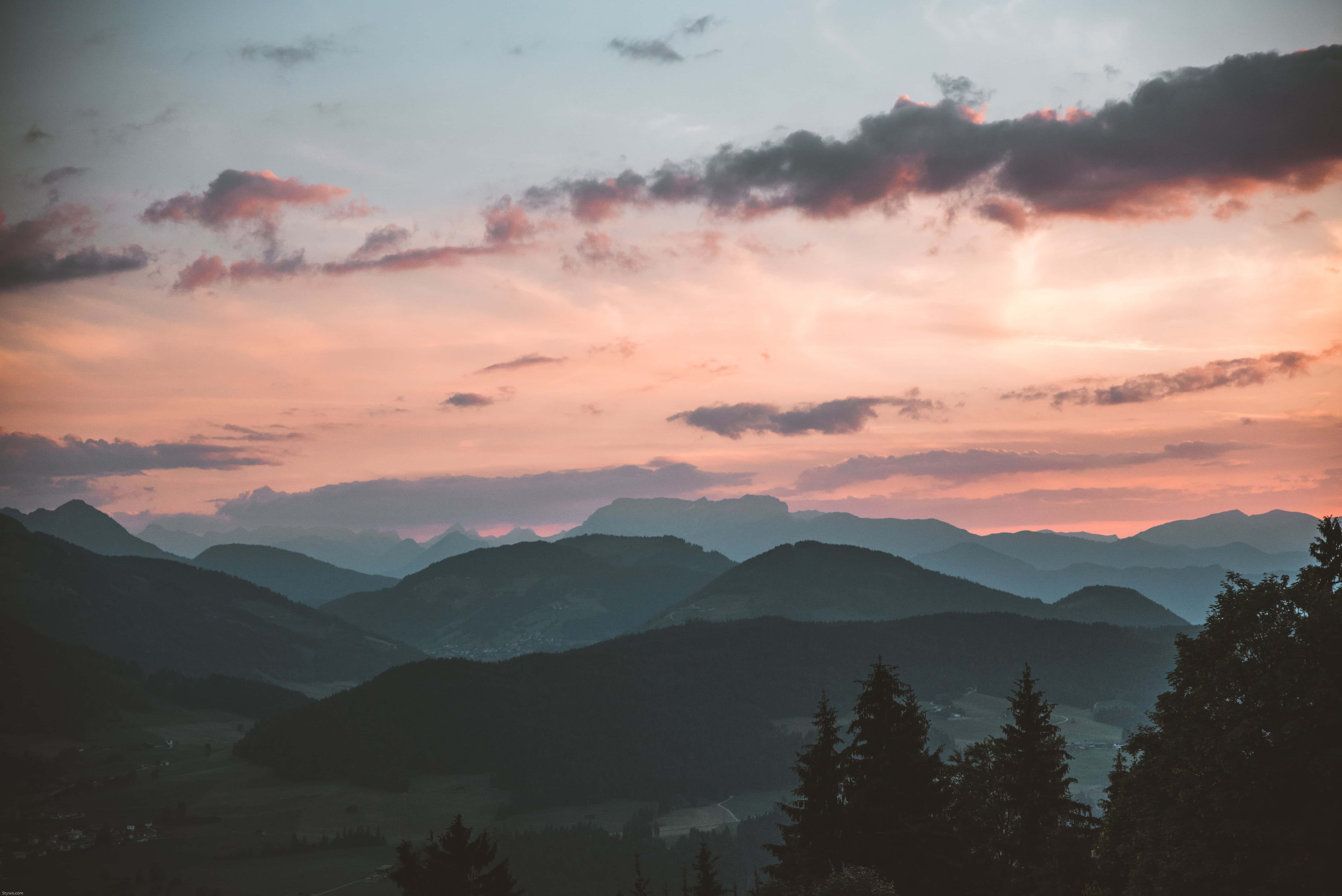 Pink Skies, Mountain Valley, Twilight, 5K Desktop Wallpaper