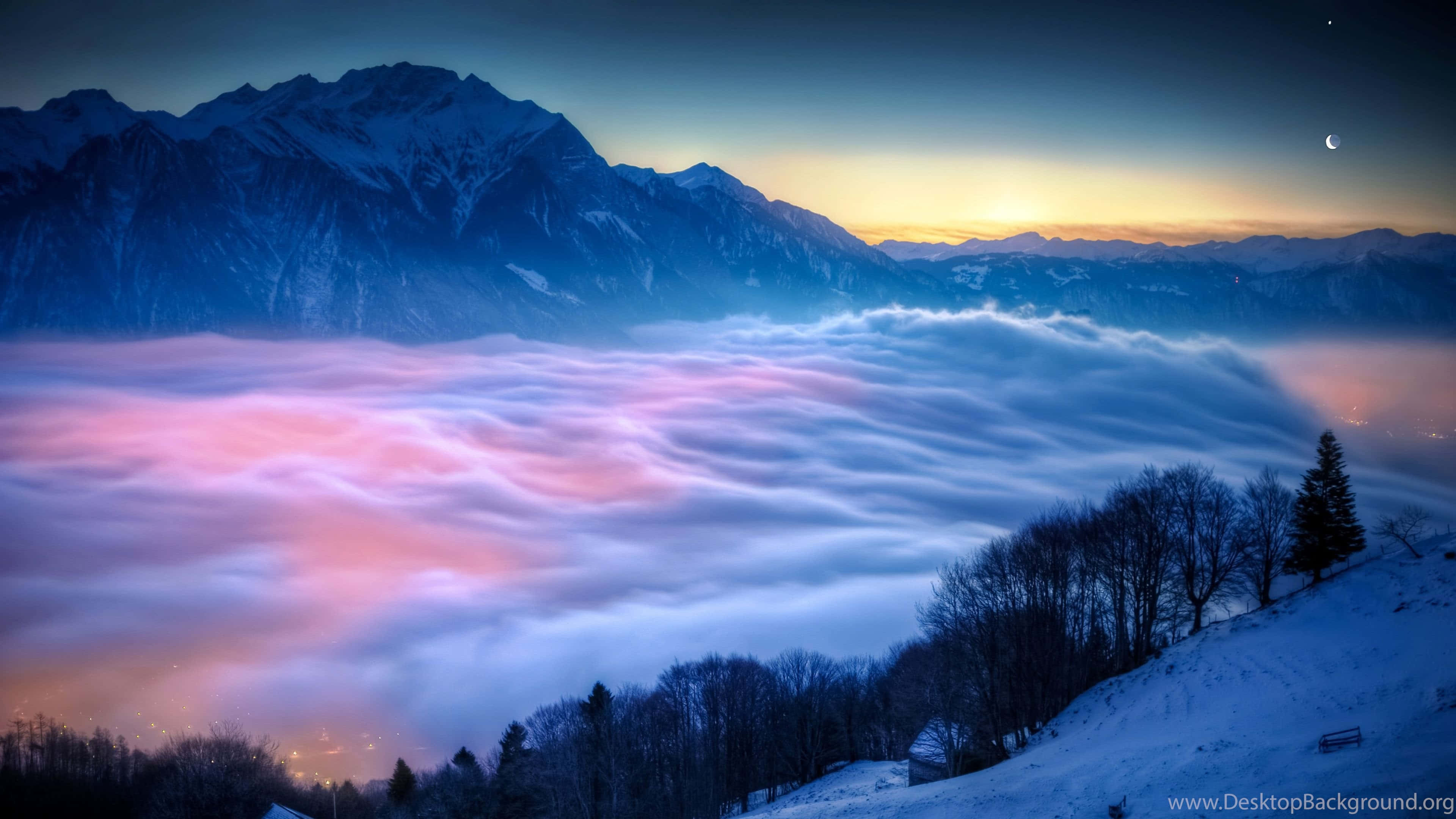 cool landscape, snowy mountains, pink and blue clouds, 4K Desktop Wallpaper
