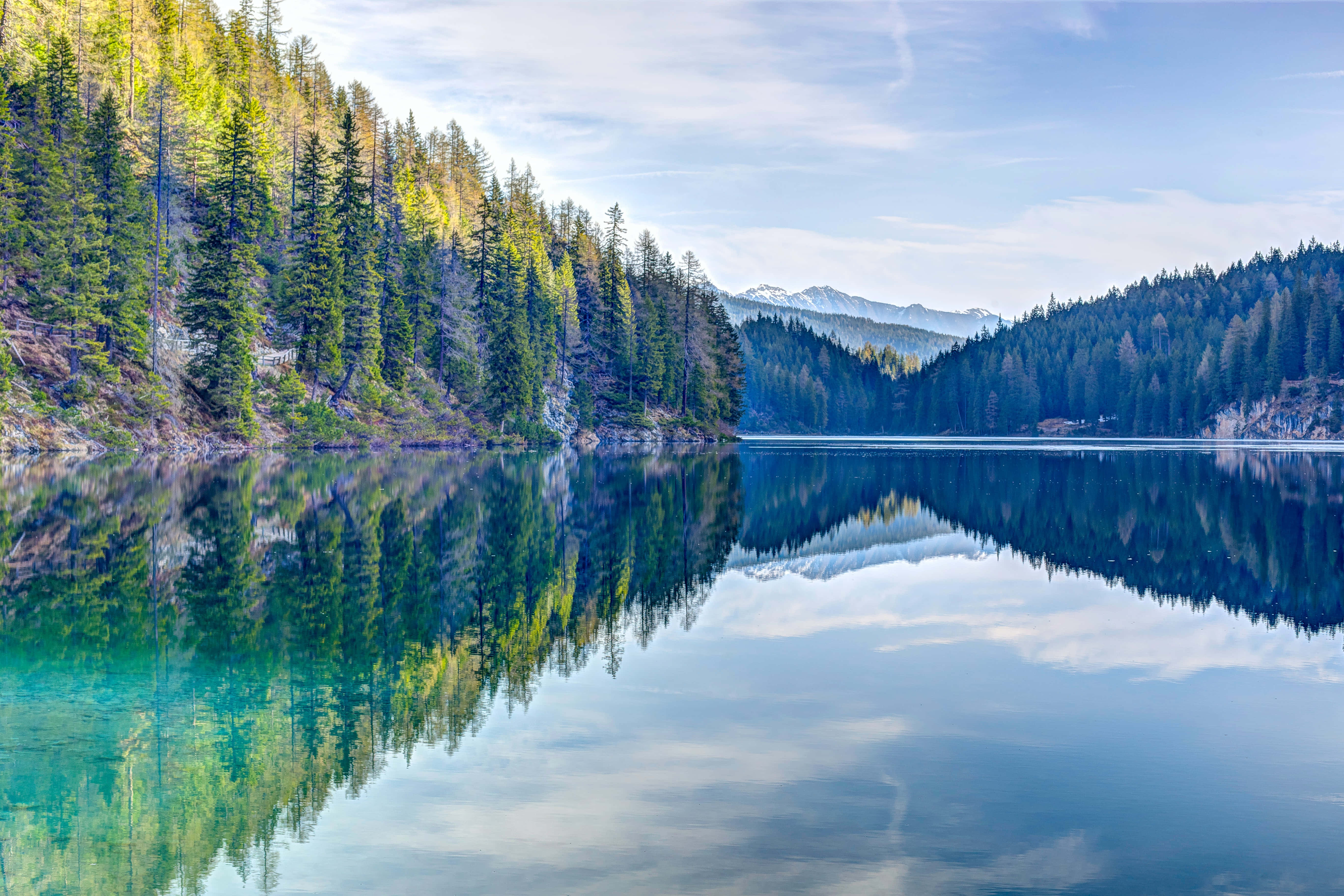 alpine lake, snow-capped mountains, dense evergreen forests, 5K Desktop Wallpaper