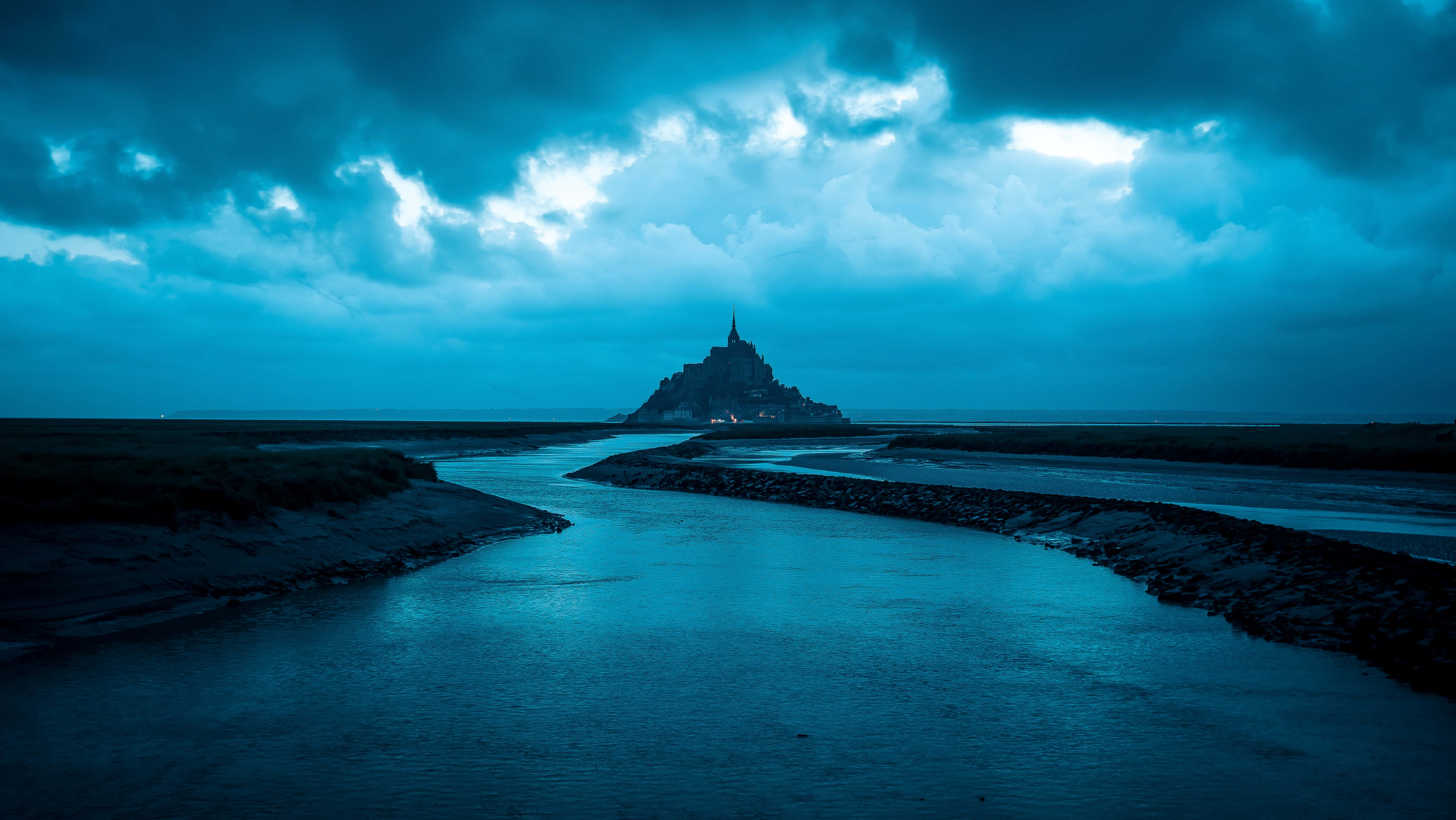 medieval abbey, tidal island, moody blue sky, 5K Desktop Wallpaper
