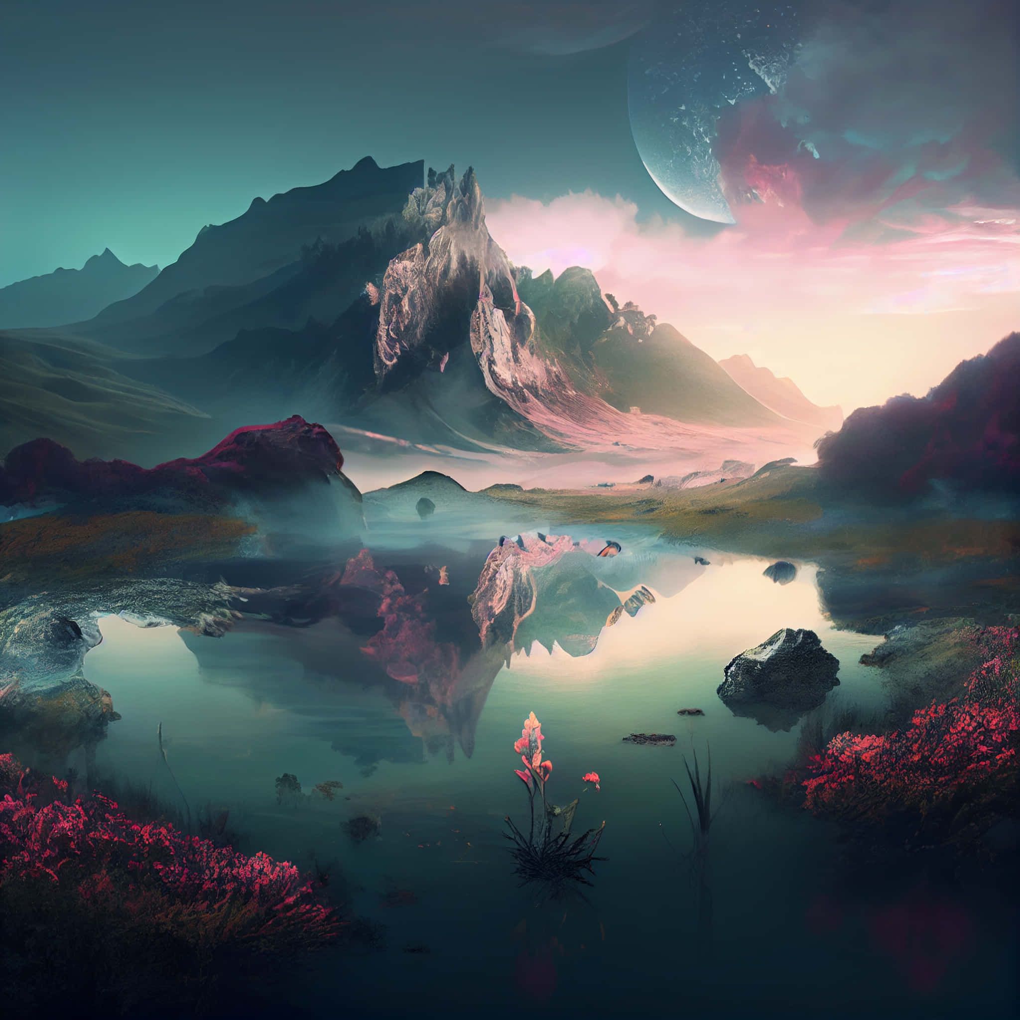 Cool Landscape, jagged mountains, misty lake, Full HD Desktop Wallpaper