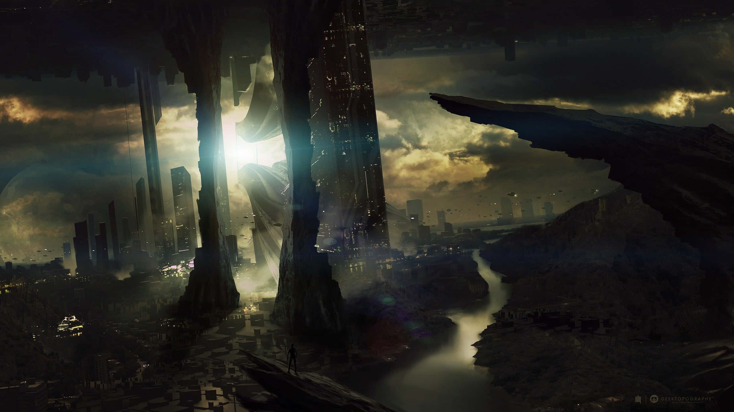 futuristic city, colossal floating ruins, stormy sky, 2K Desktop Wallpaper