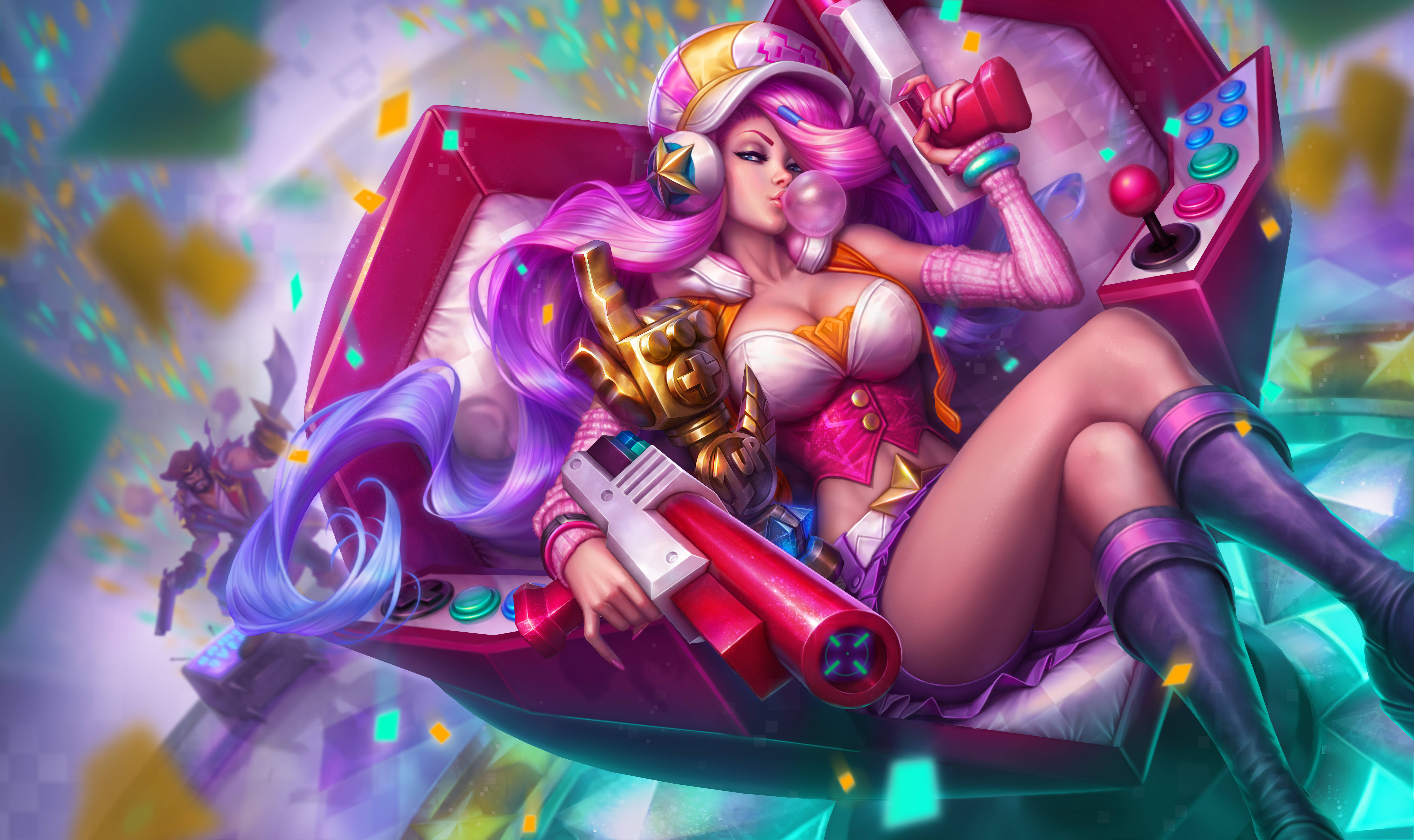 League Of Legends, pink hair, anime-style woman, 5K Desktop Wallpaper