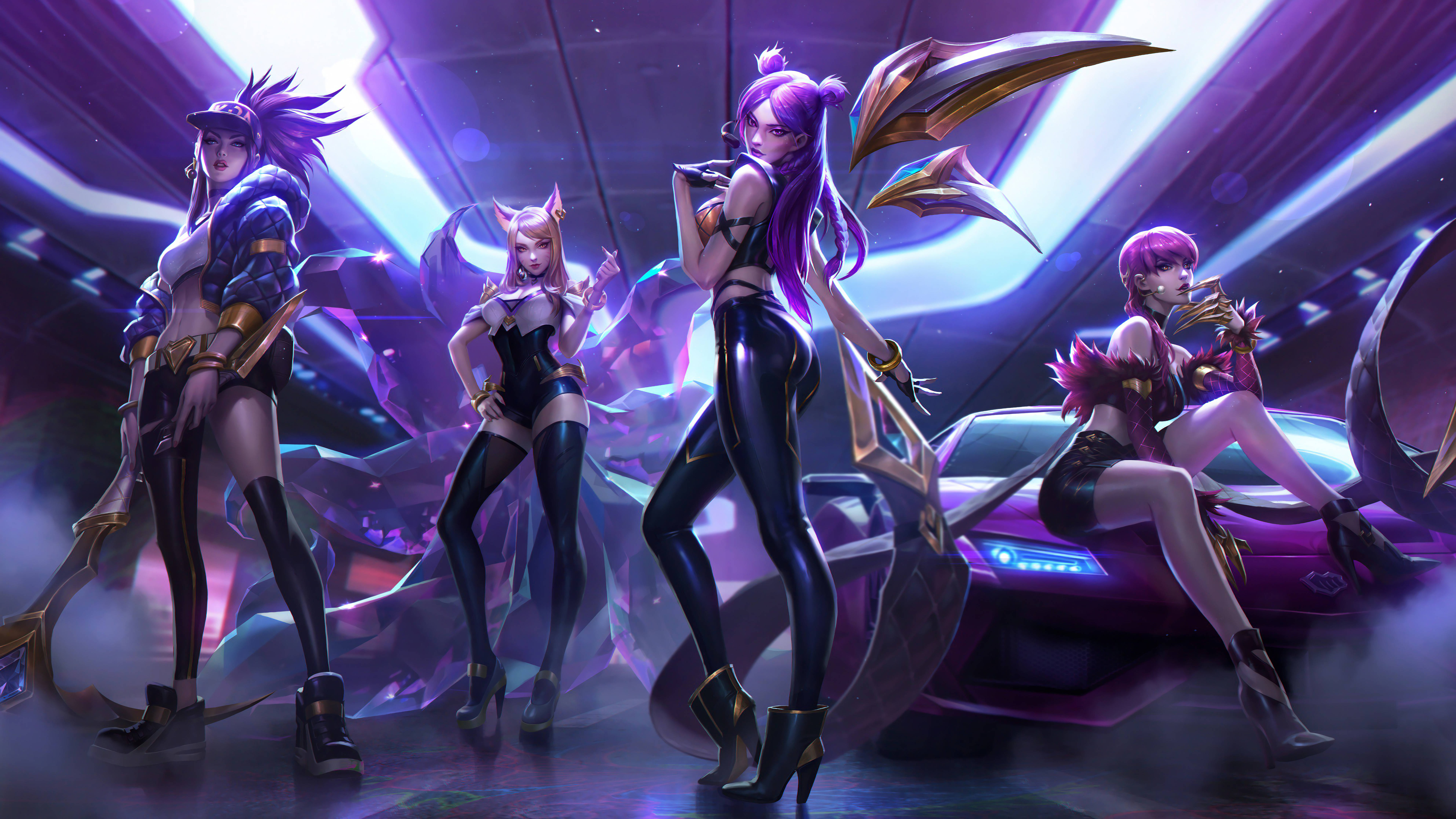 League Of Legends, glowing purple sports car, neon-lit cyberpunk tunnel, 8K Desktop Wallpaper