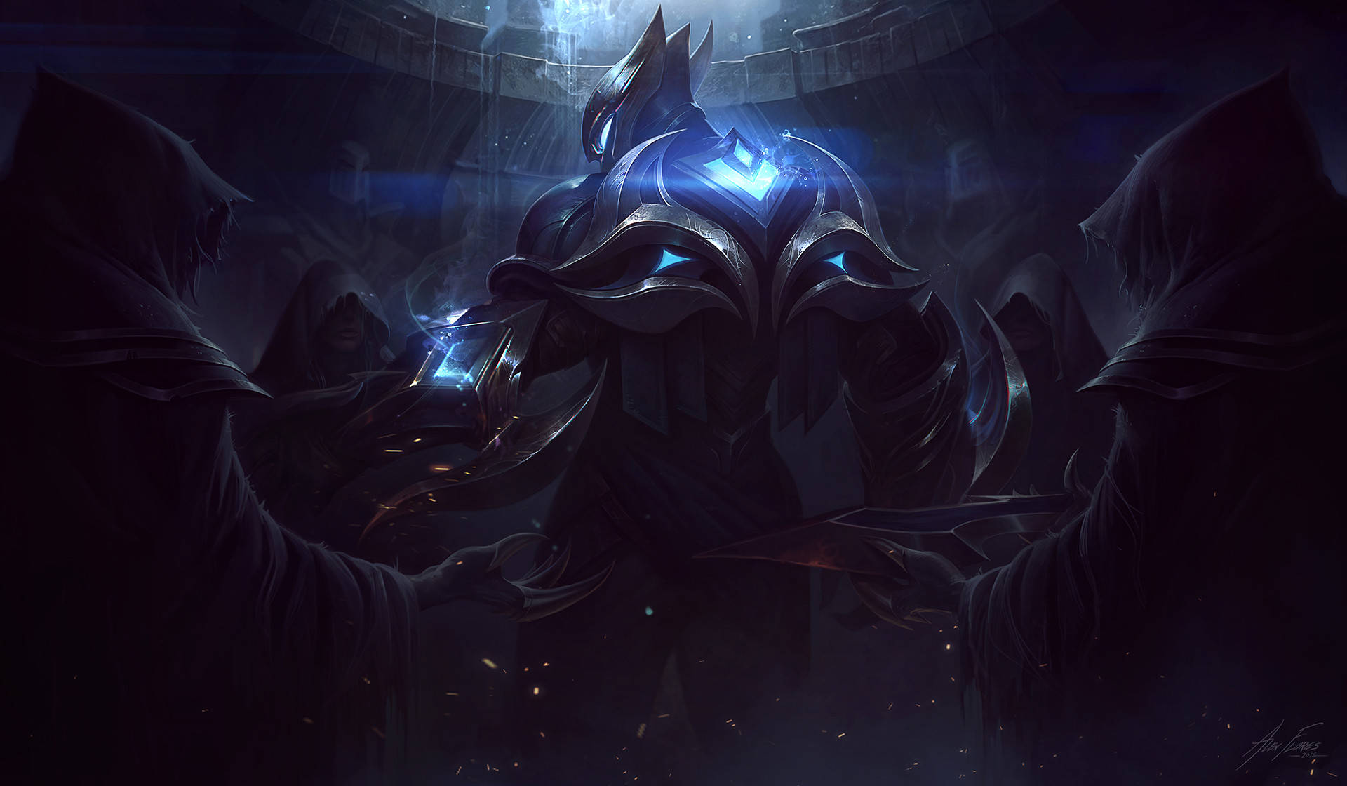 League Of Legends, dark armored figure, glowing blue eyes, Full HD Desktop Wallpaper