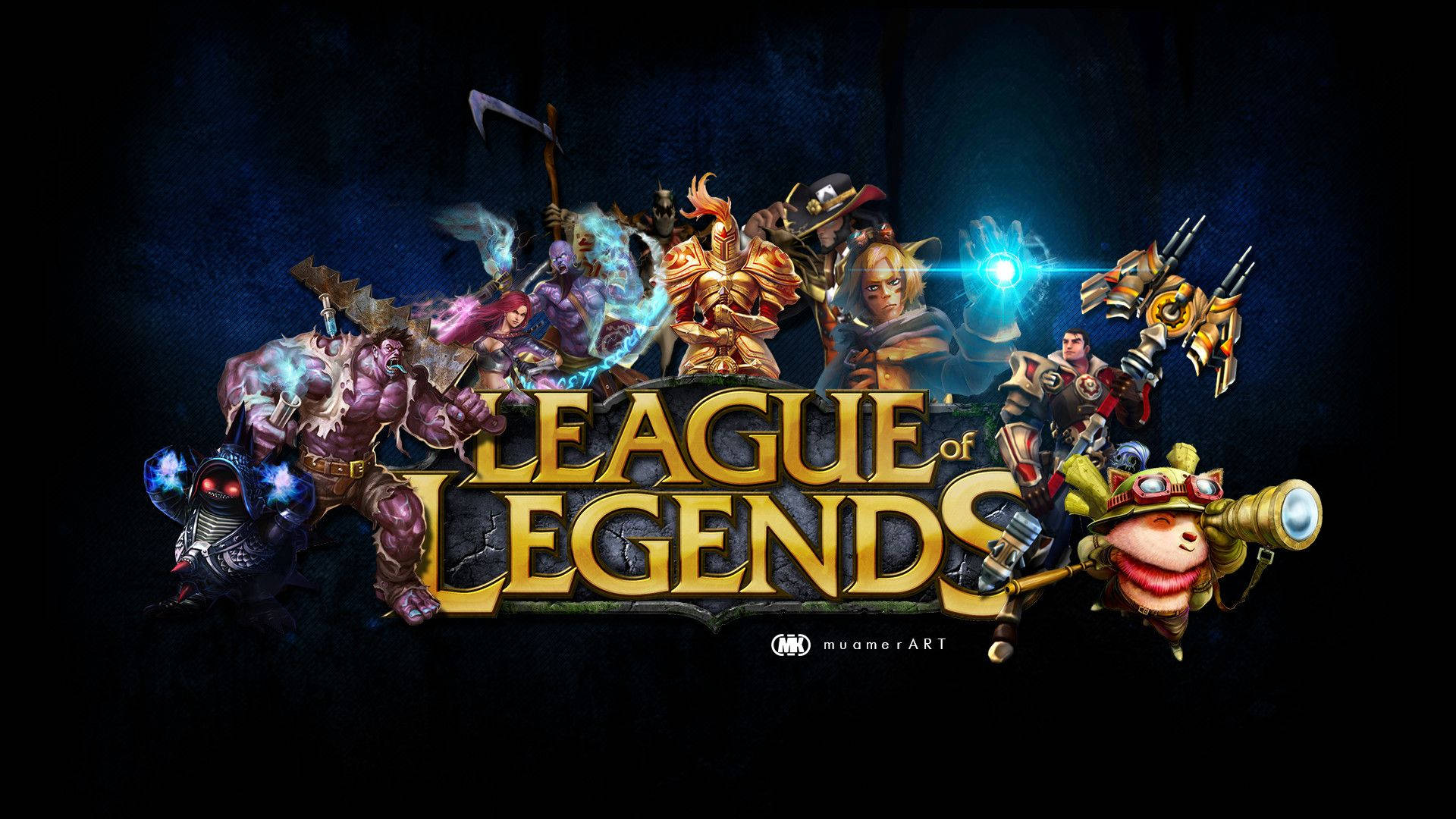 League of Legends, glowing golden title, dark blue backdrop, Full HD Desktop Wallpaper