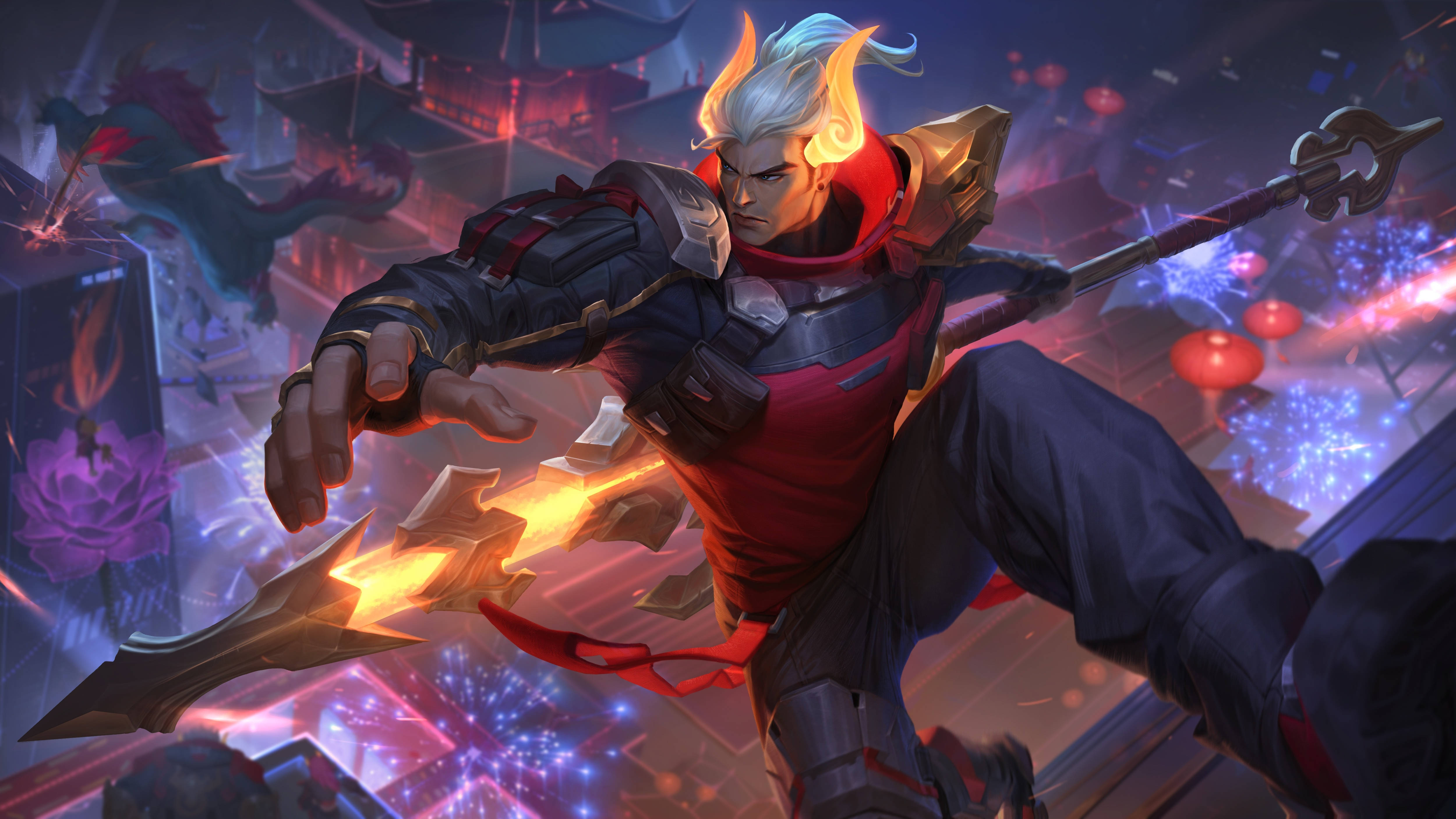 League of Legends, fiery-haired warrior, red and black armor, 4K Desktop Wallpaper