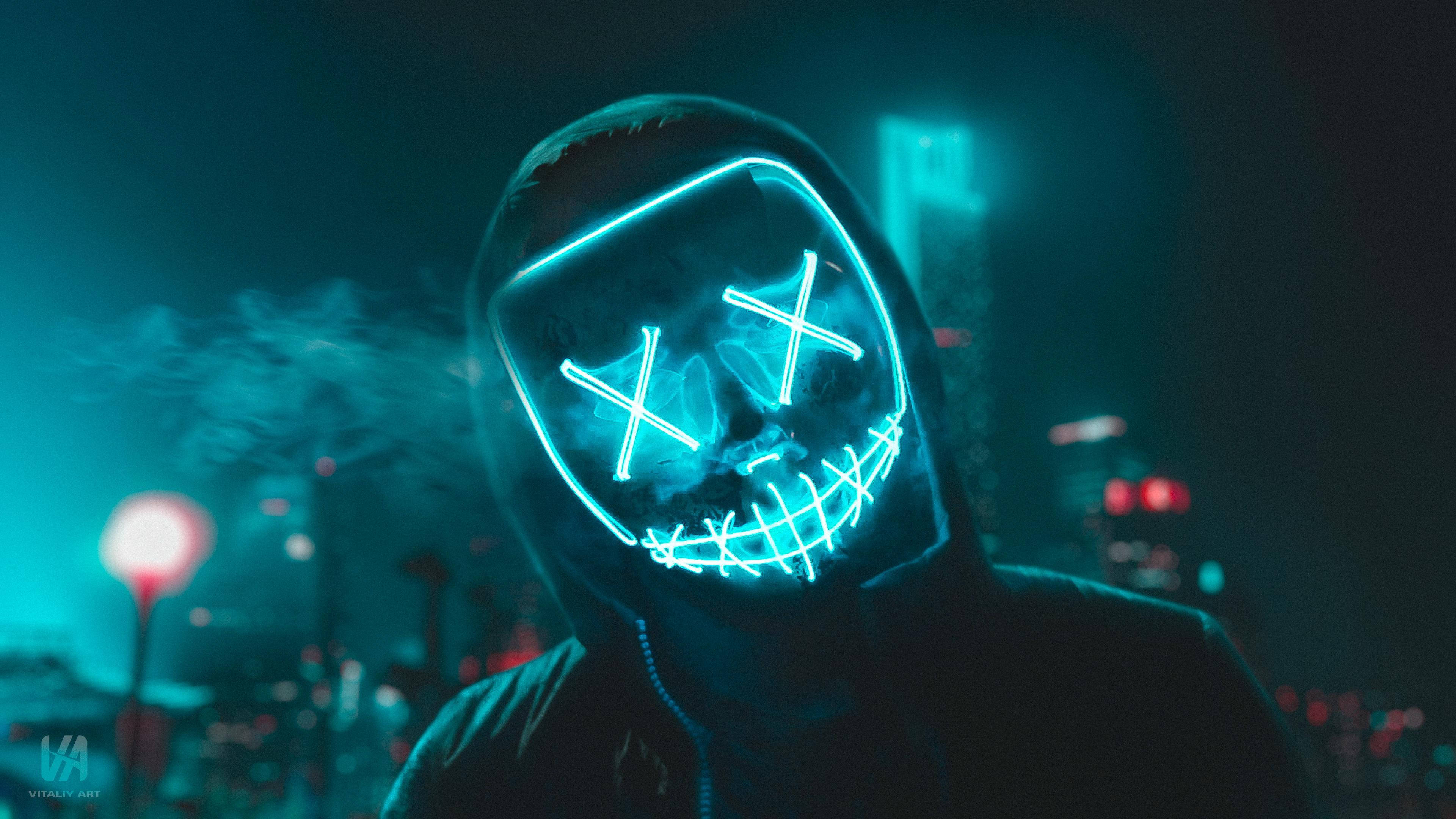 Cool LED, glowing blue LED mask, X eyes, 4K Desktop Wallpaper