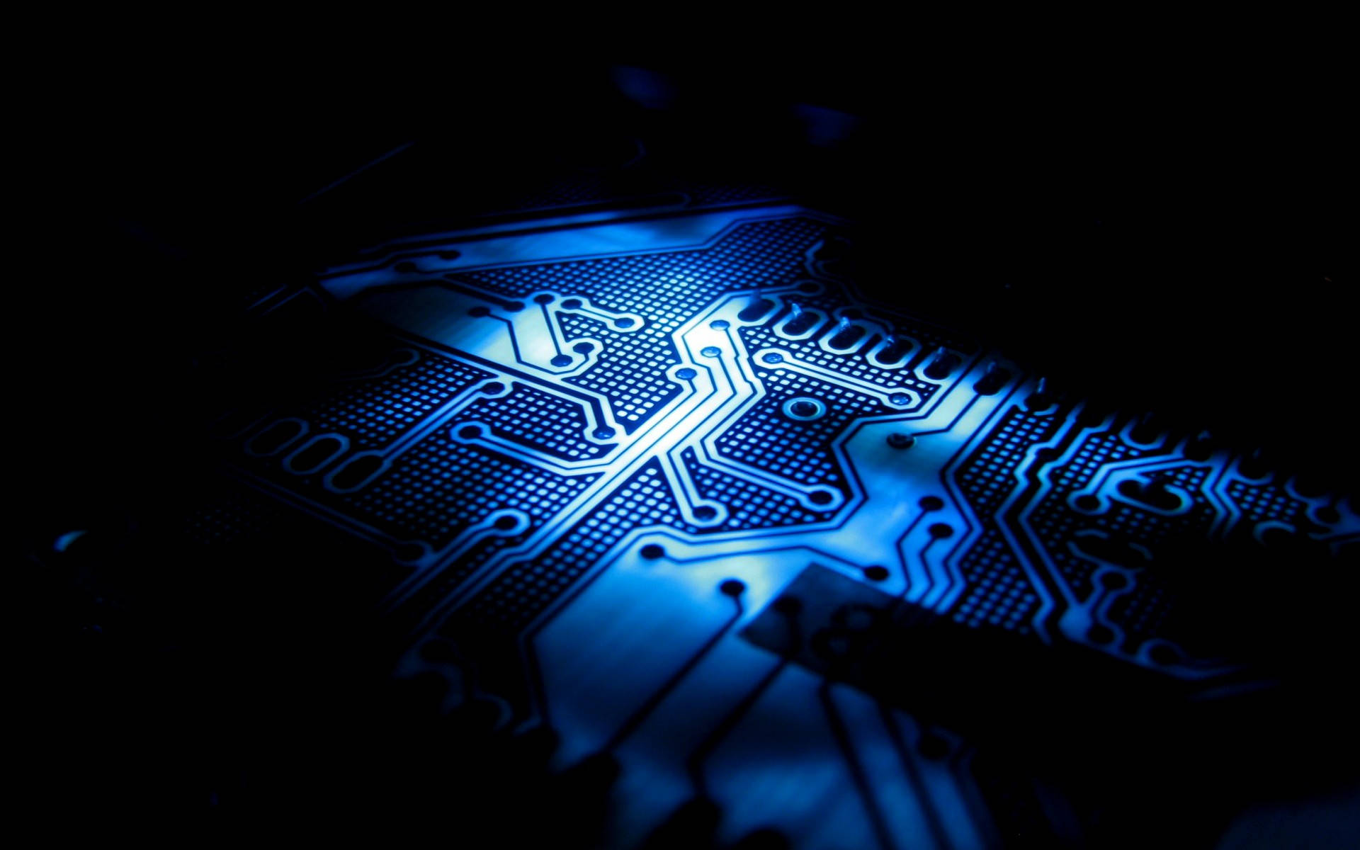 blue light, circuit board, pitch black background, Full HD Desktop Wallpaper