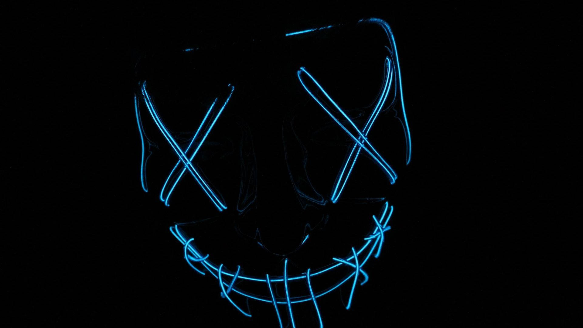 neon blue, glowing blue LED mask, crossed eyes, Full HD Desktop Wallpaper