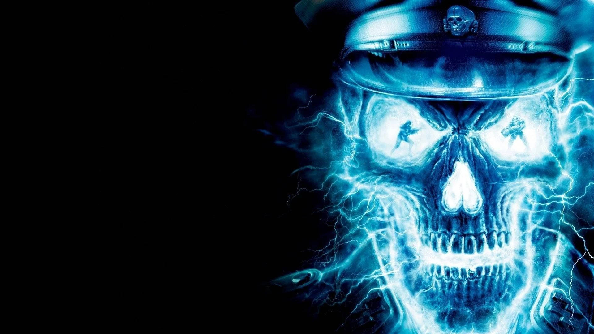 neon blue, glowing blue skull, military cap, Full HD Desktop Wallpaper