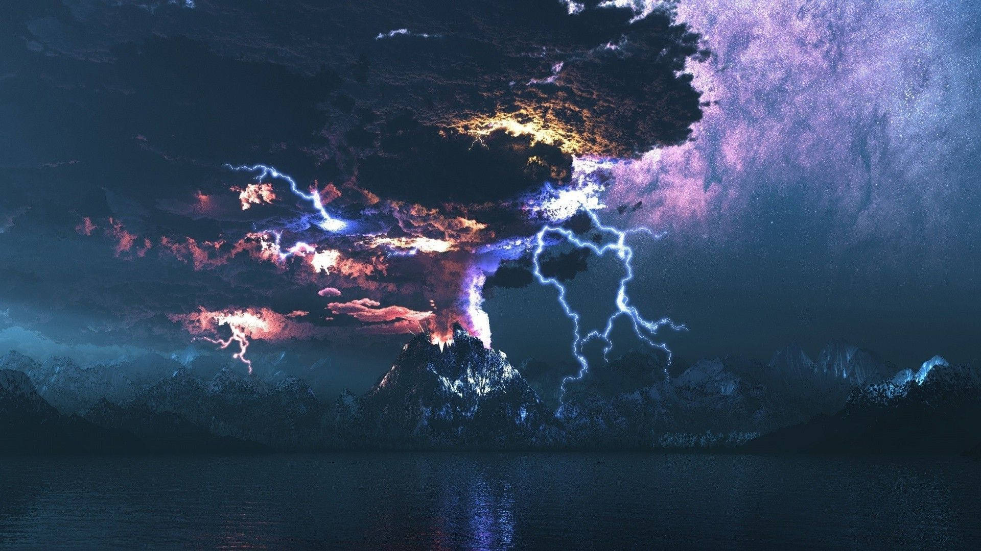 Aesthetic Lightning, volcanic eruption, night, Full HD Desktop Wallpaper