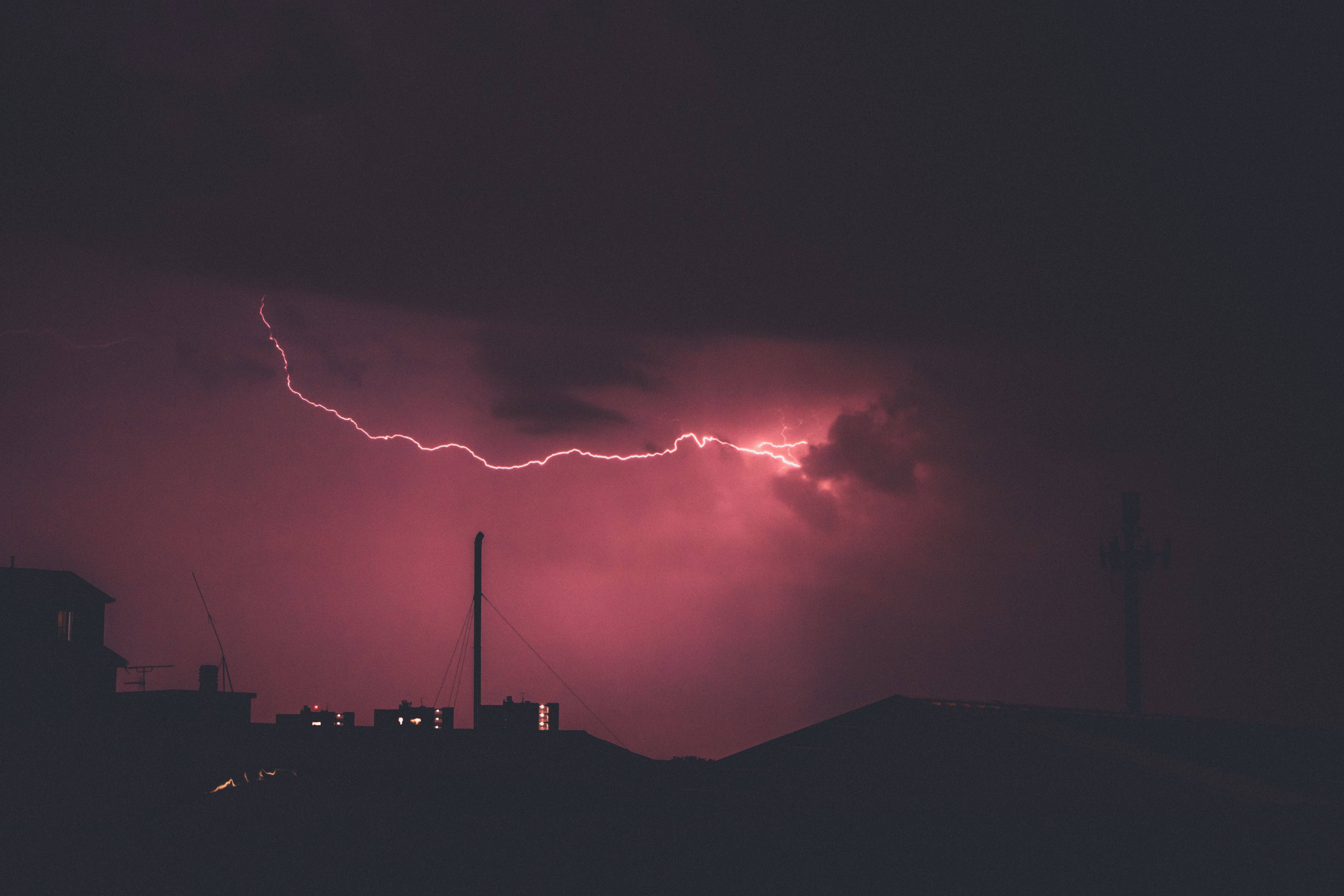Aesthetic Red Night Sky Lightning, vivid pink lightning bolt, stormy night sky, 5K Desktop Wallpaper