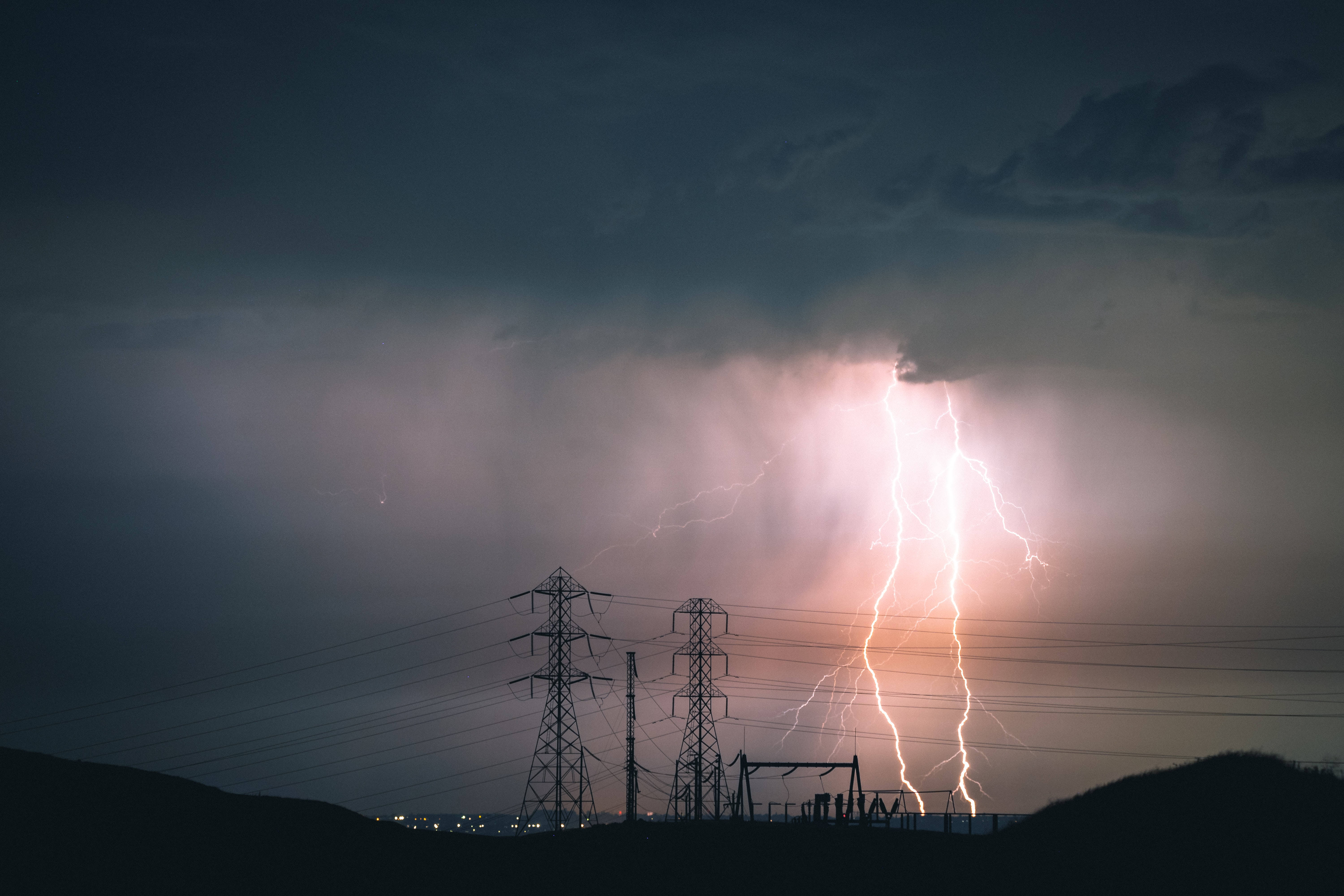 lightning bolt, stormy night sky, power lines, 5K Desktop Wallpaper