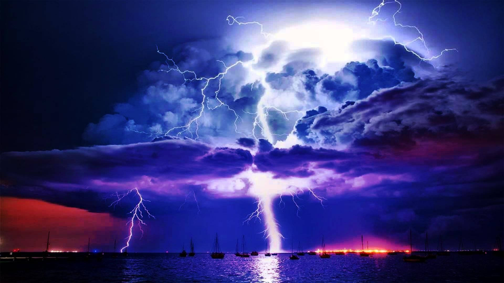 lightning storms, purple and blue lightning, dark sky, Full HD Desktop Wallpaper