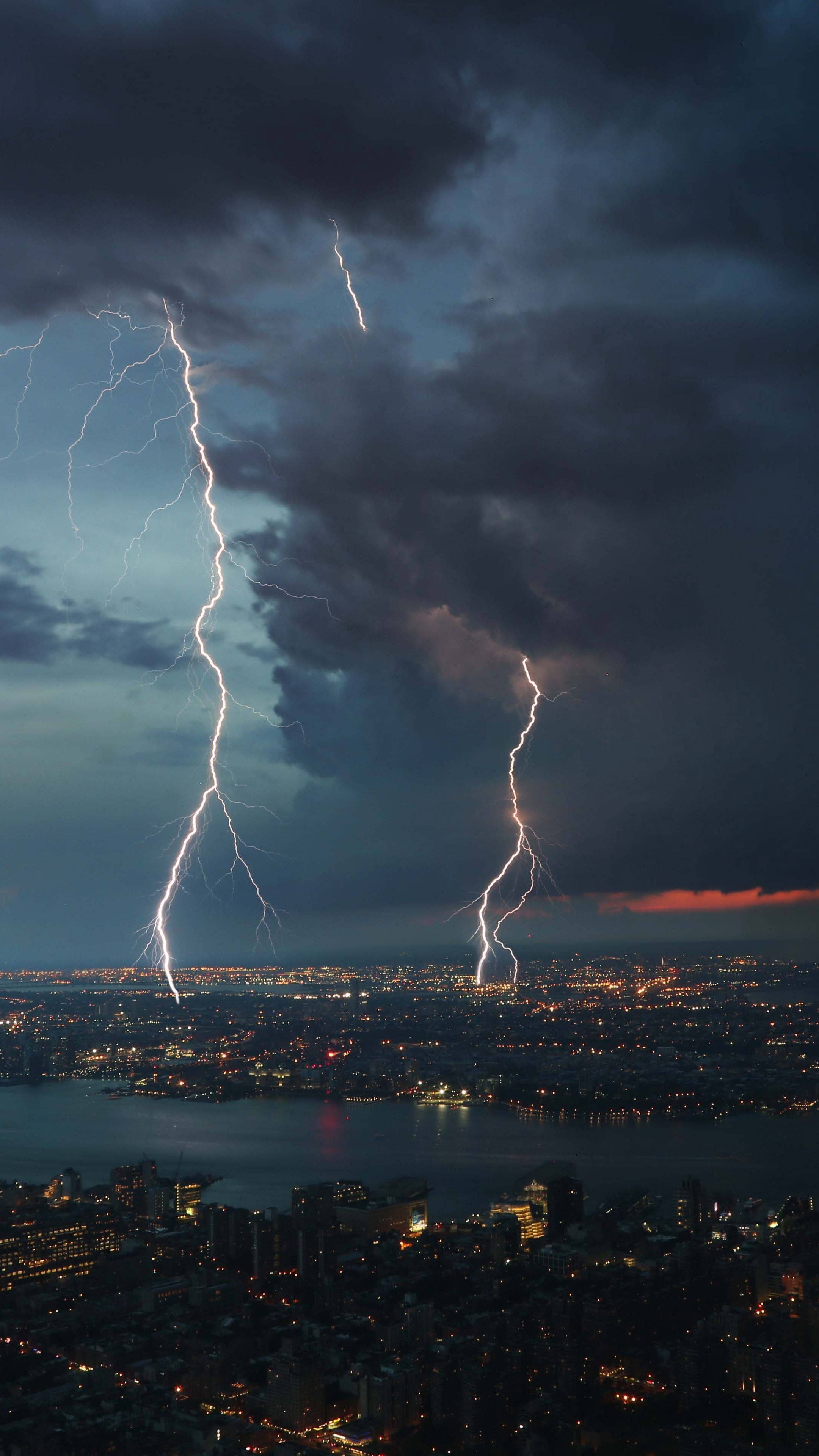 lightning, city at night, storm clouds, 4K Phone Wallpaper