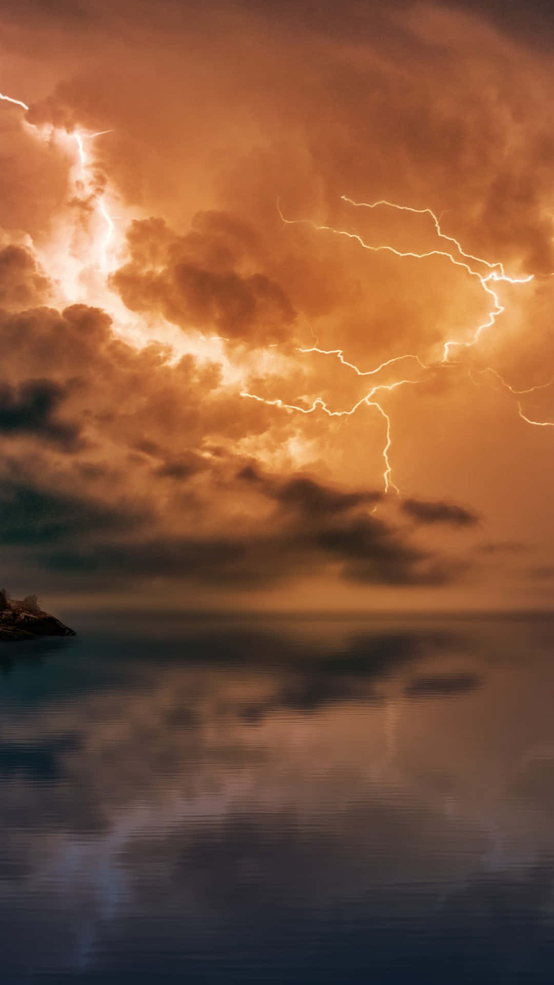 dramatic lightning, stormy sky, calm water, Full HD Phone Wallpaper