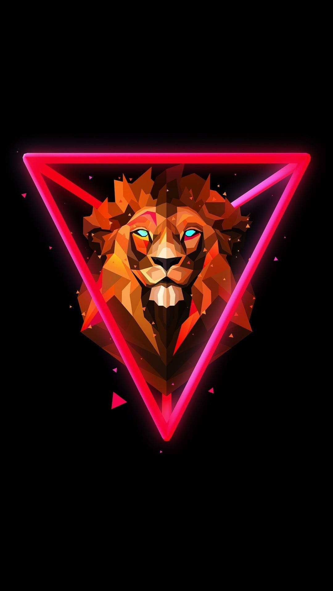 triangular lion phone, glowing cyan eyes, neon pink triangle, HD Phone Wallpaper