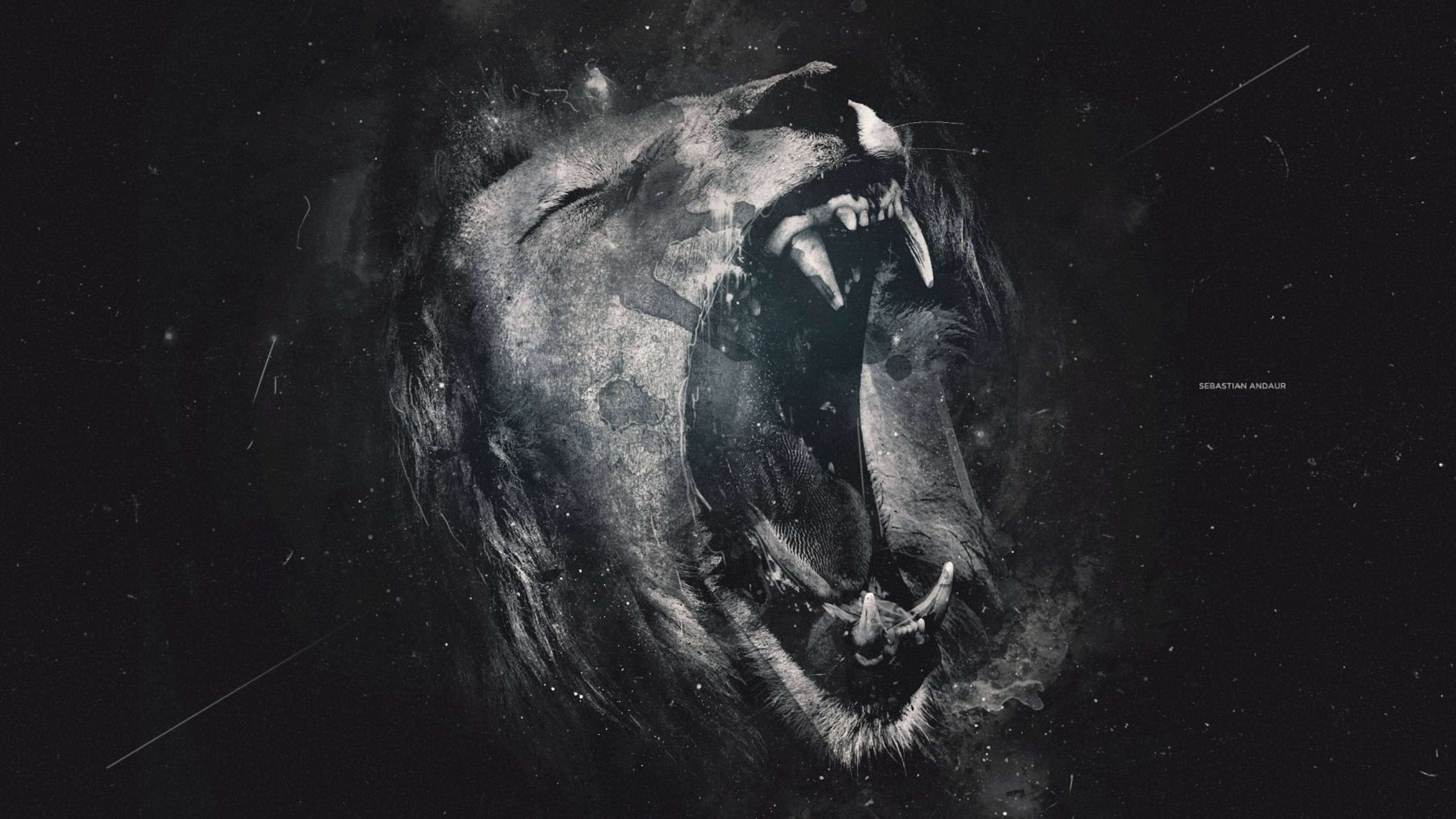 roaring angry lion, monochrome, cosmic particles, 4K Desktop Wallpaper