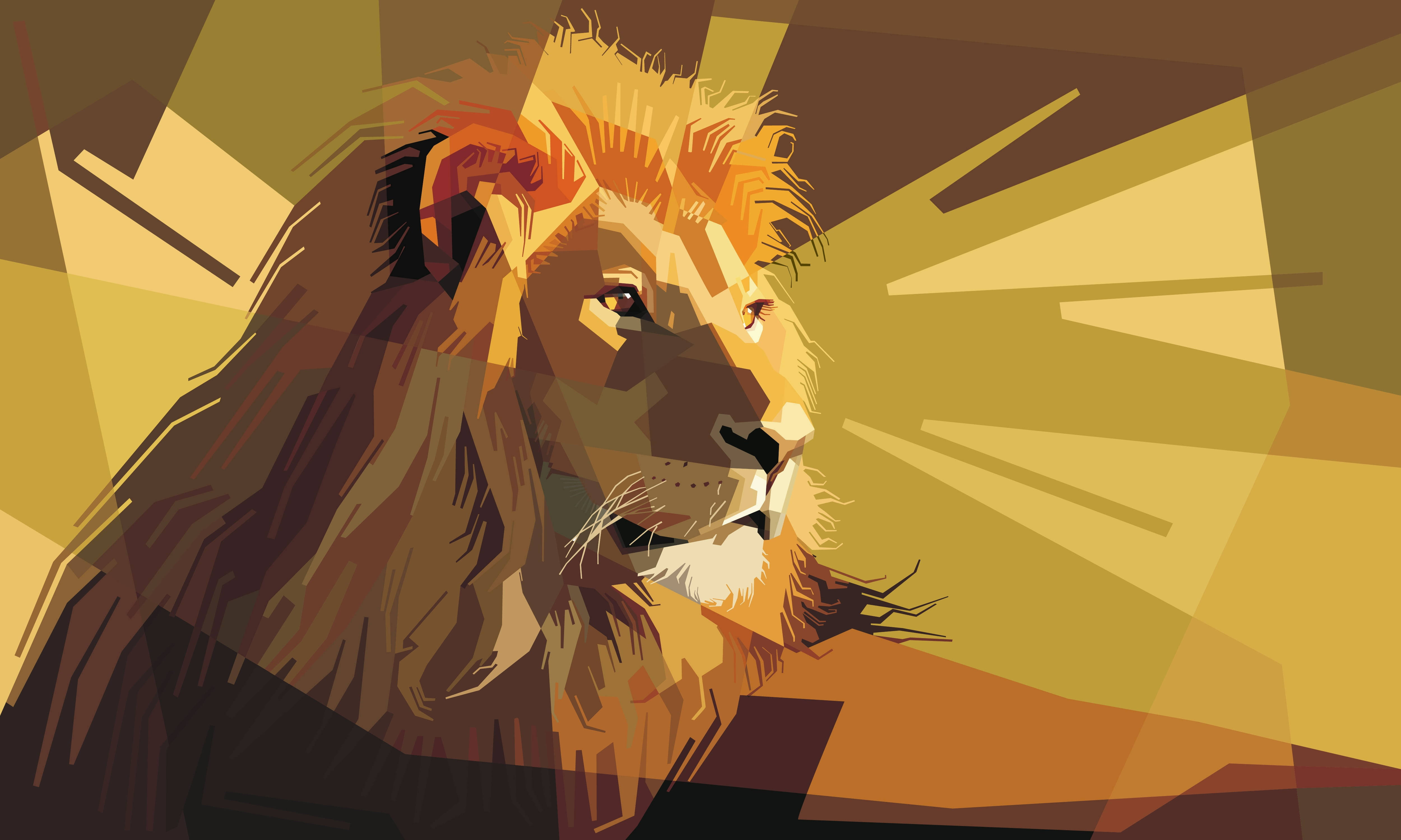 Golden Lion Laptop, golden mane, geometric sunburst background, 4K Desktop Wallpaper
