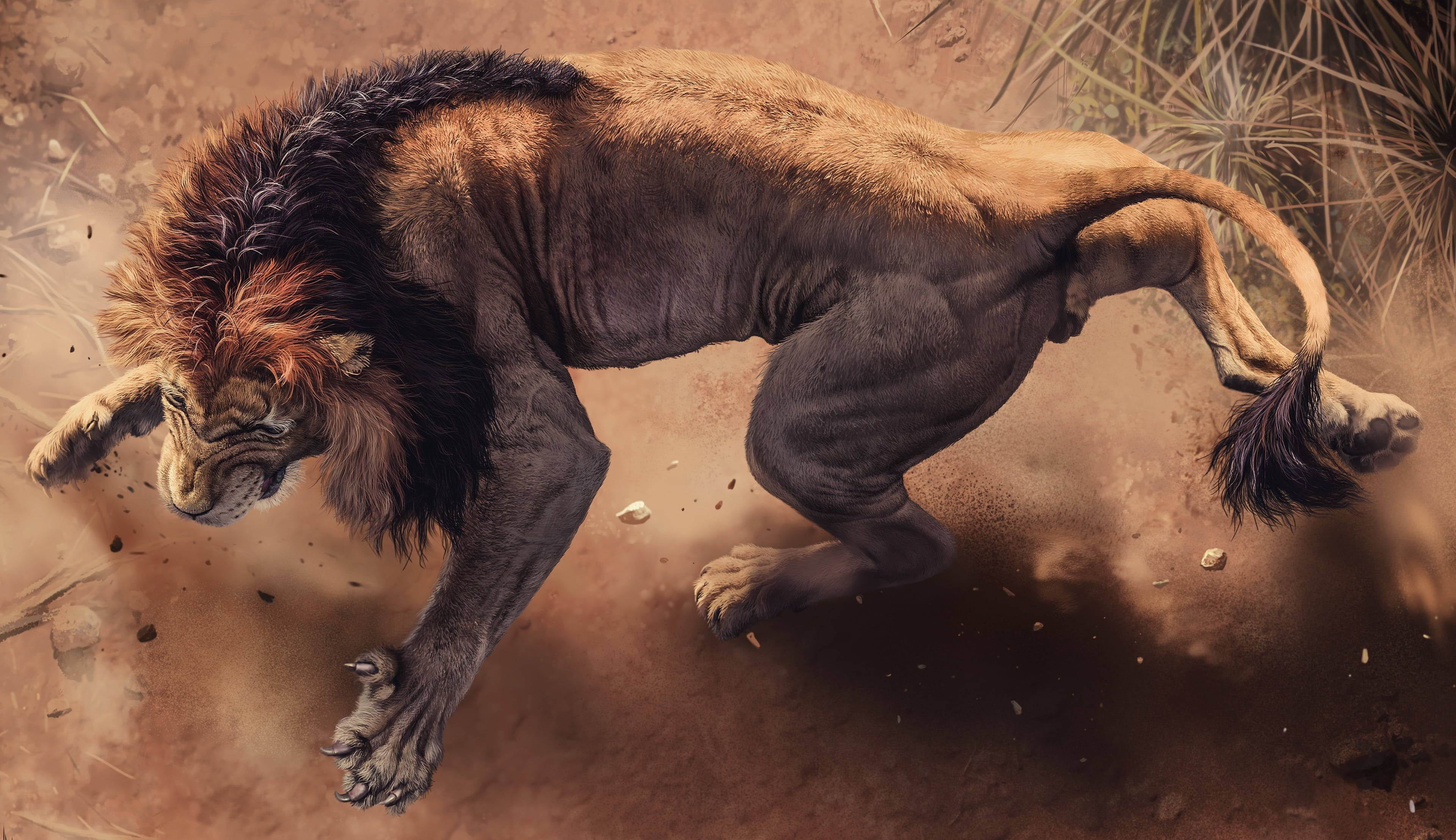 muscular lion, desktop, dusty terrain, 4K Desktop Wallpaper