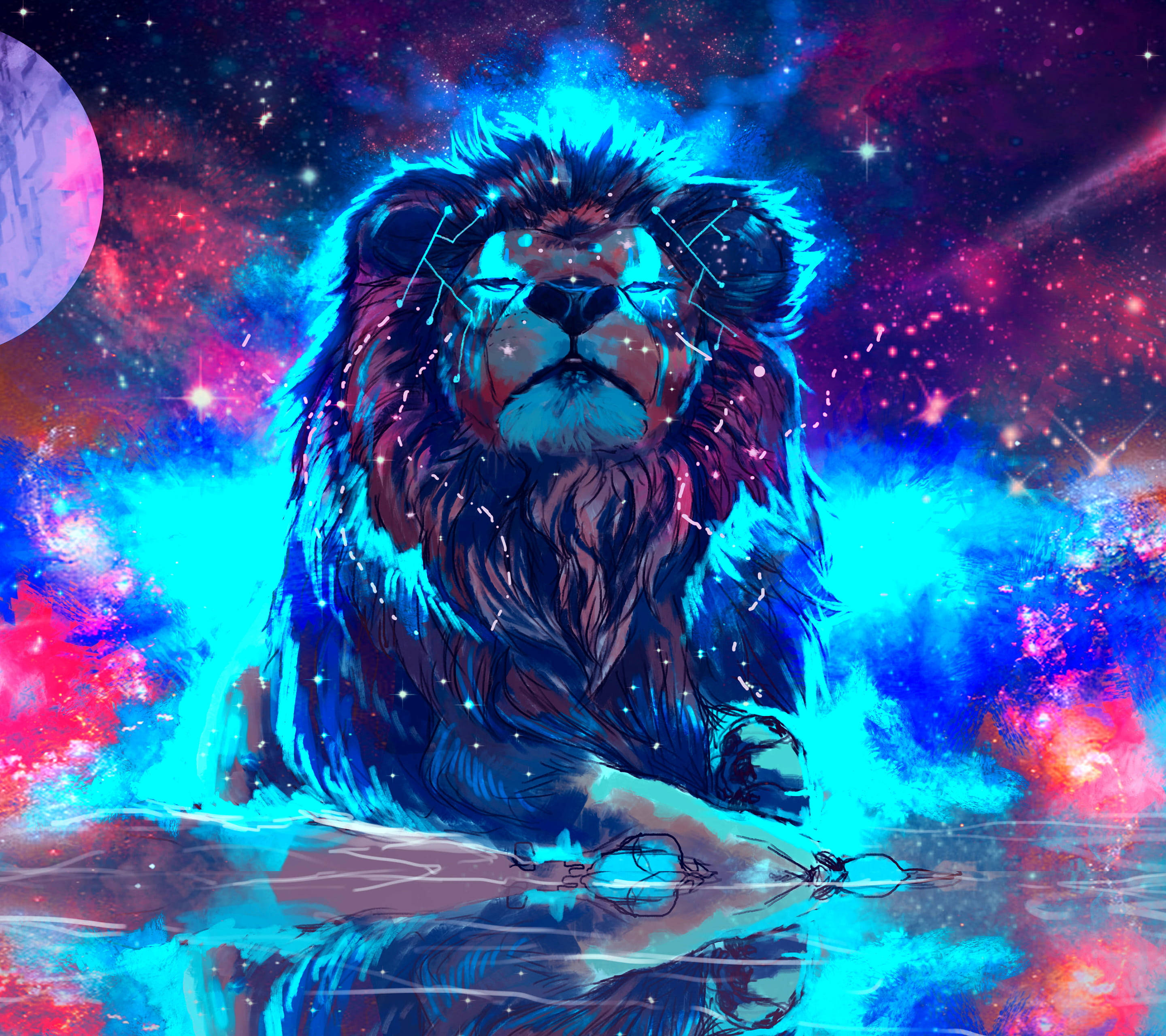 Sky Lion, glowing blue fur, star constellations, 2K Desktop Wallpaper