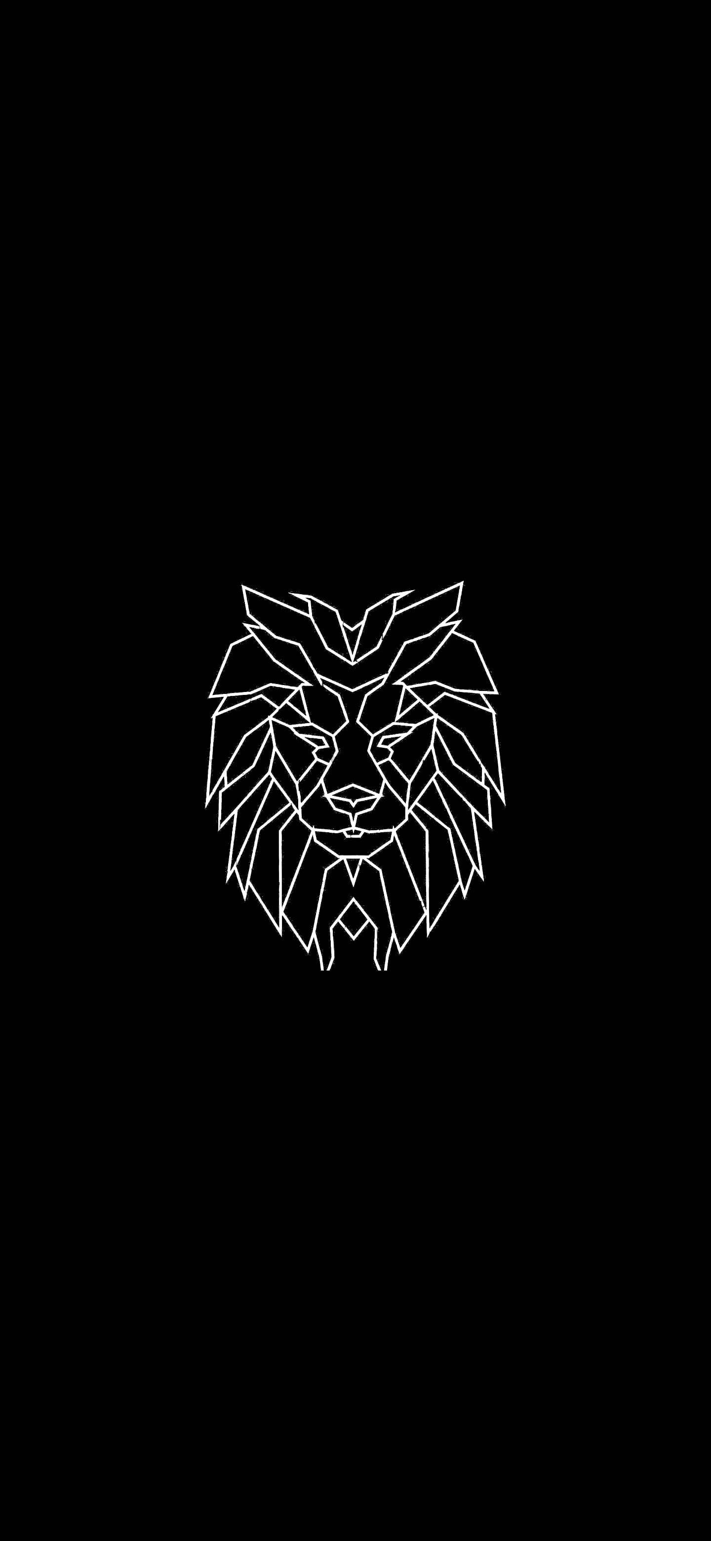 Simple Lion Phone, white geometric lion head silhouette, solid black background, 2K Phone Wallpaper