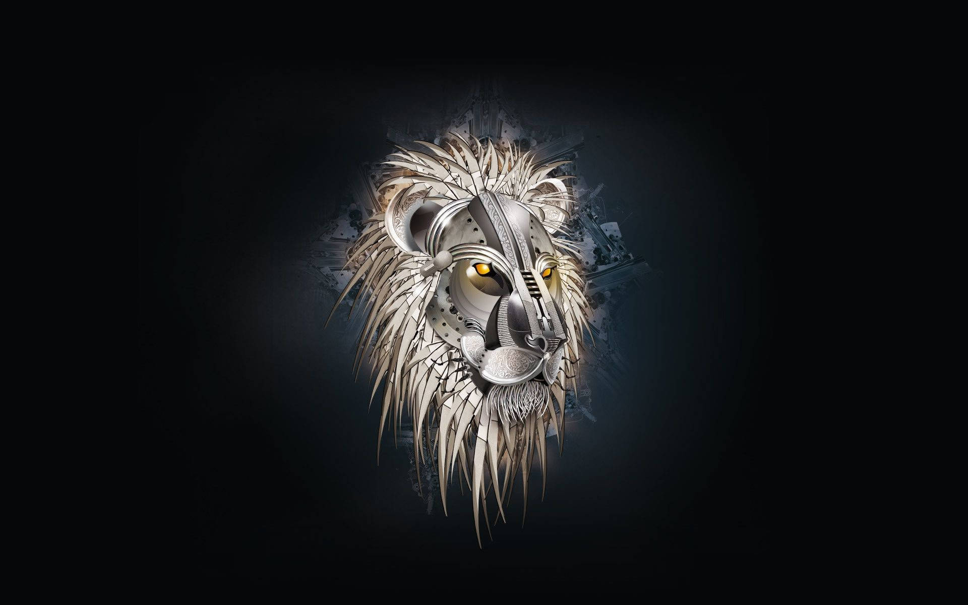 cool metallic lion face, metallic lion head, glowing yellow eyes, Full HD Desktop Wallpaper