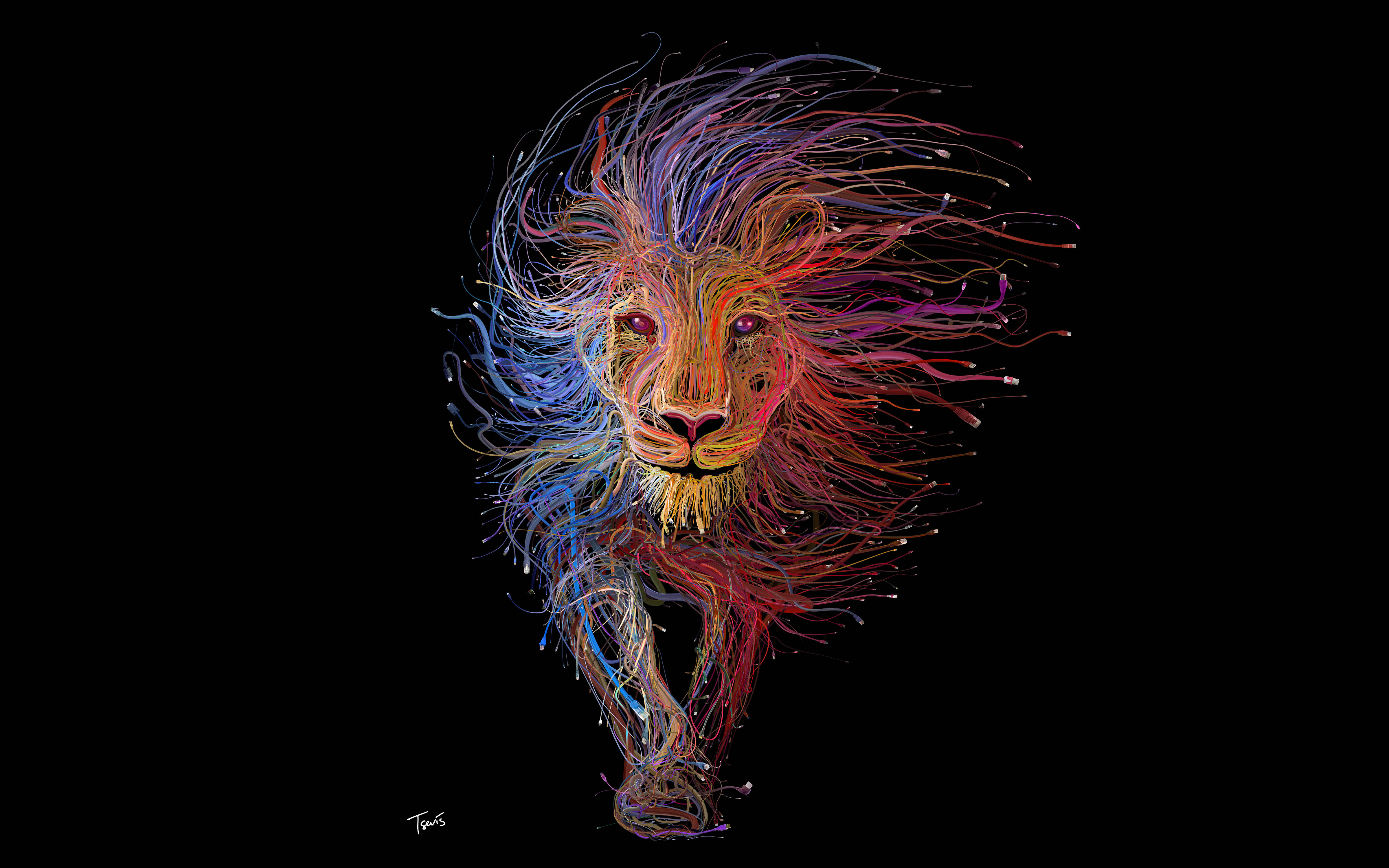 Cool Lion, black background, floaty mane, 4K Desktop Wallpaper