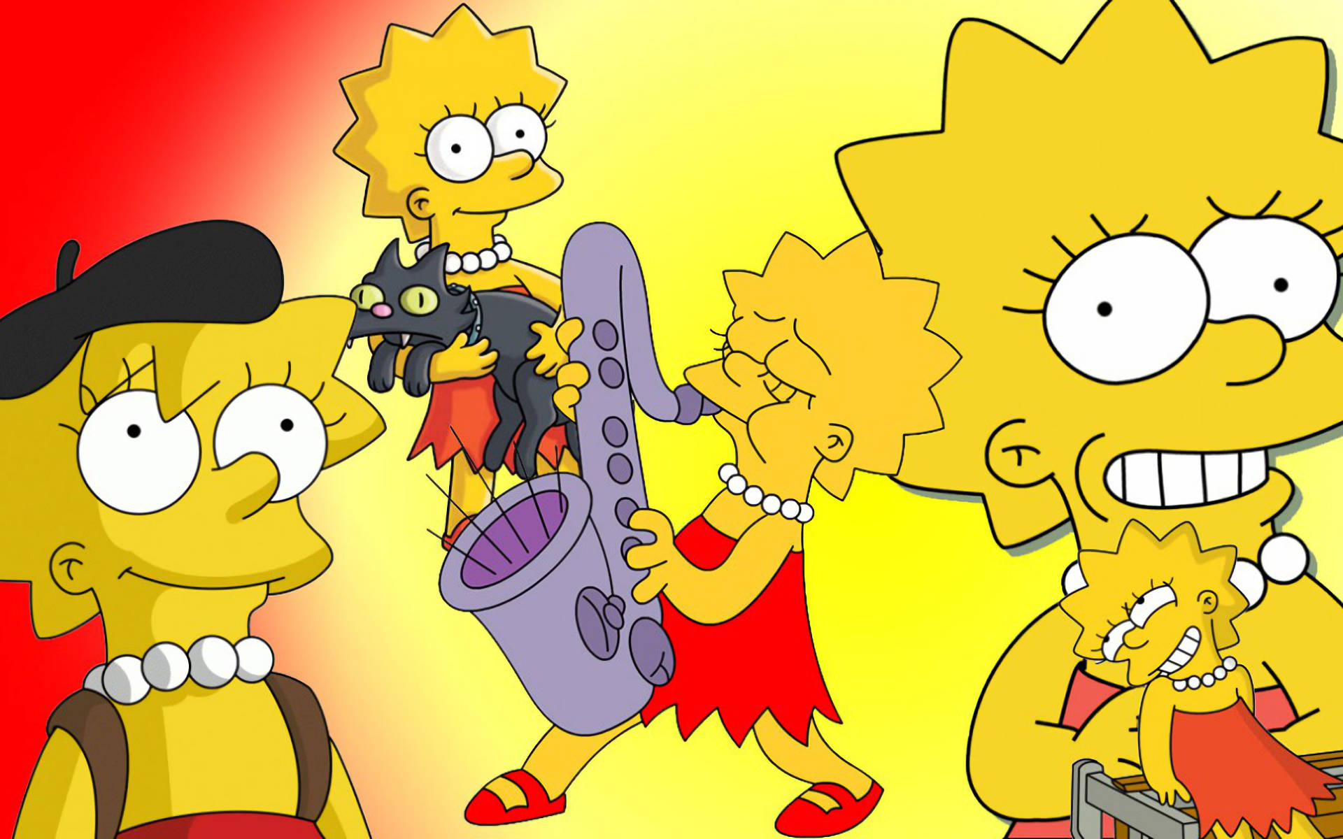 Lisa Simpson, saxophone, cat, Full HD Desktop Wallpaper