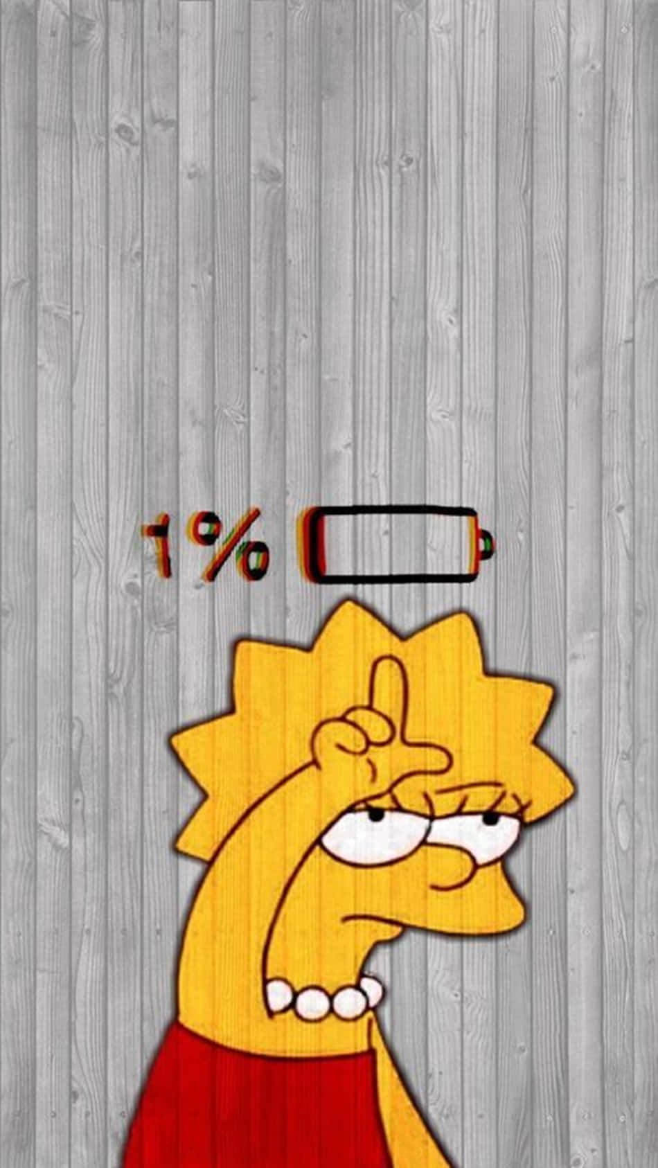 Lisa Simpson, 1% battery icon, gray wooden background, HD Phone Wallpaper
