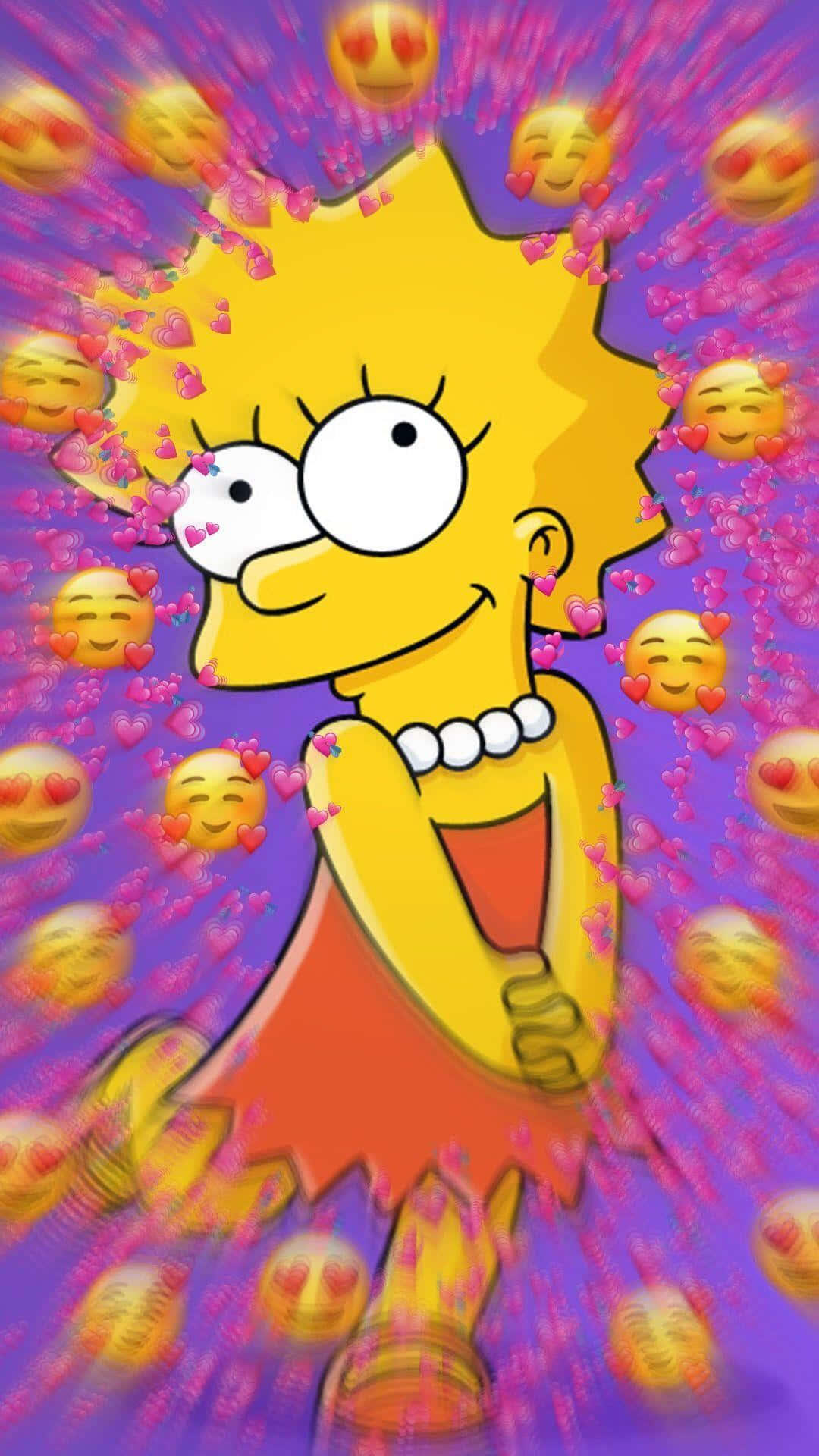 Lisa Simpson, heart-eyed emojis, vibrant purple background, Full HD Phone Wallpaper