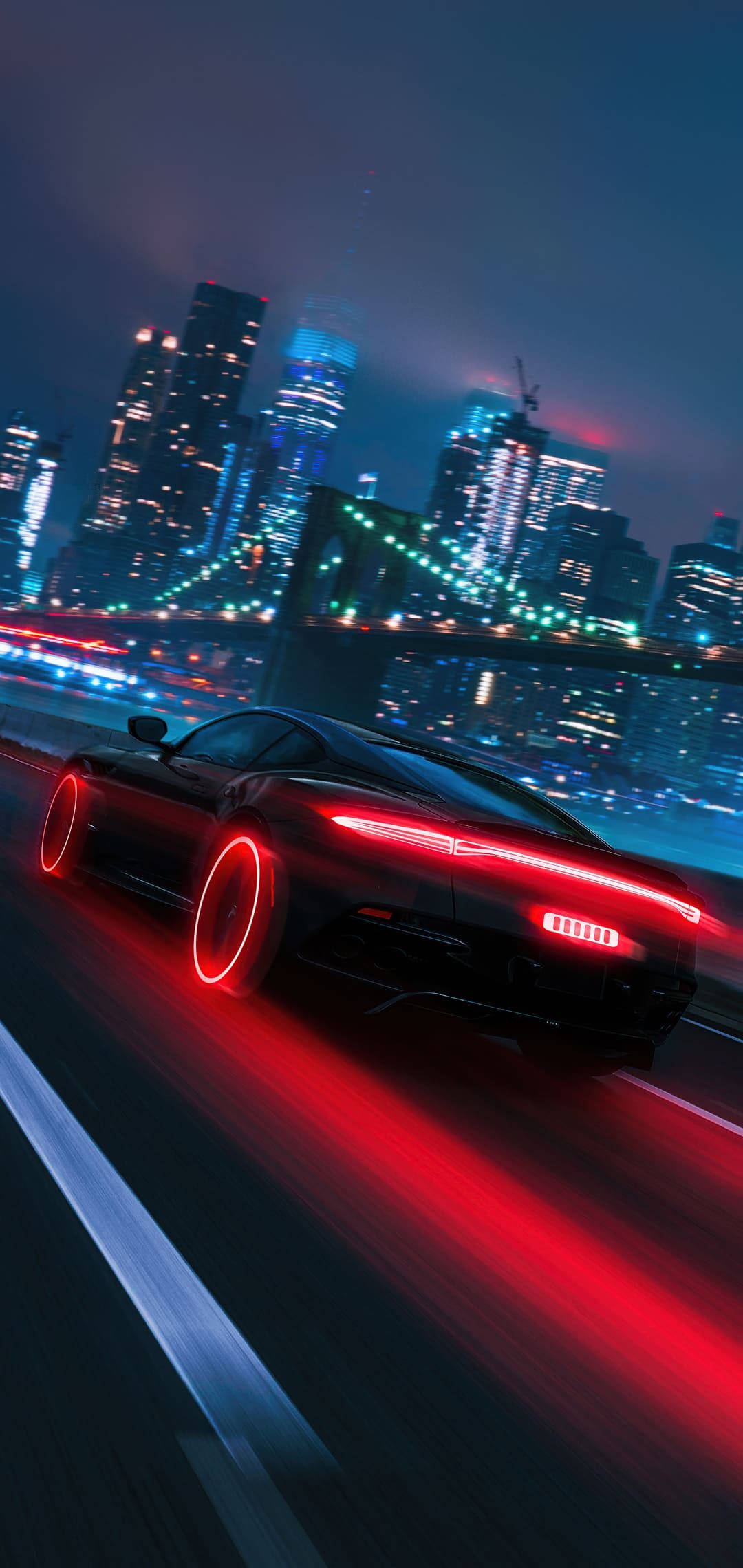 sleek black sports car, glowing red rims, neon-lit cityscape, Full HD Phone Wallpaper