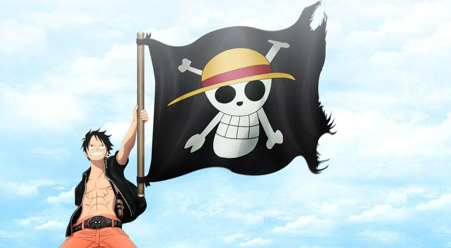 Cool Luffy, spiky black hair, black Jolly Roger flag, HD Desktop Wallpaper