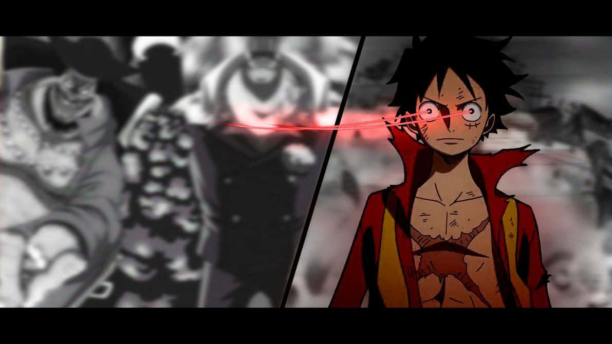 Cool Luffy, red laser eyes, split-screen anime scene, SD Desktop Wallpaper