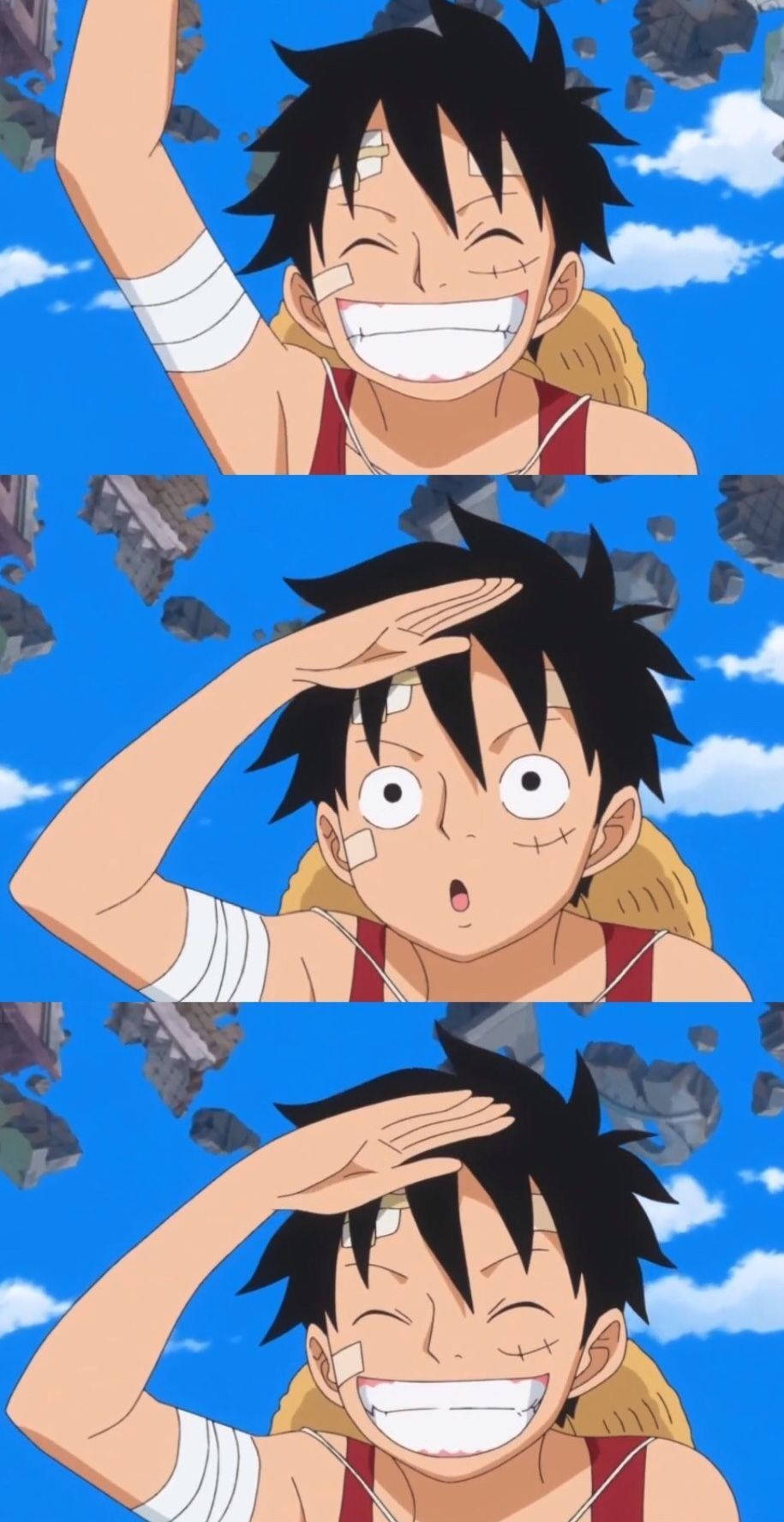 Luffy, blue sky, floating rocks, HD Phone Wallpaper