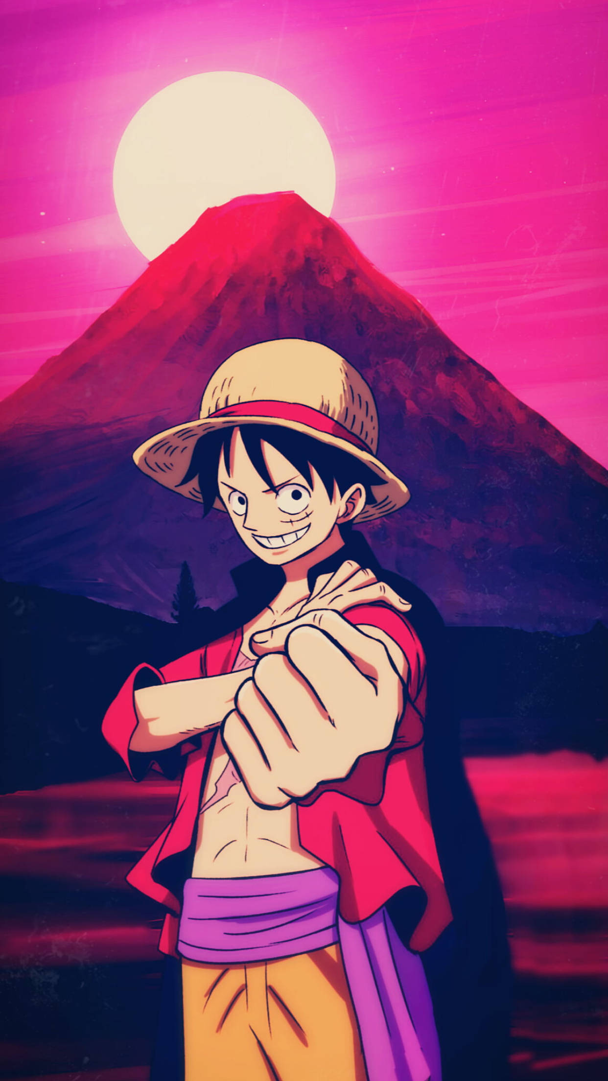 Pink Luffy, straw hat, vibrant pink sunset, Full HD Phone Wallpaper