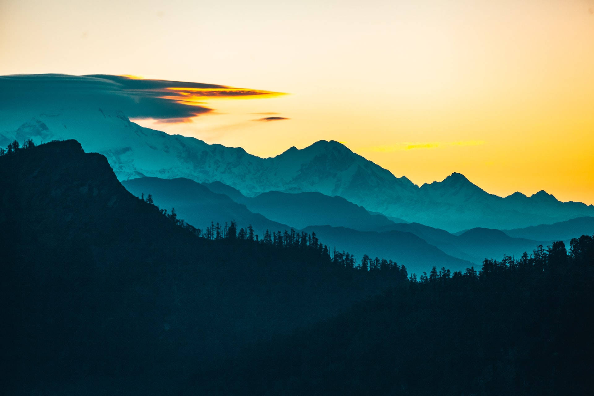 silhouette of trees and mountain, Sunset, golden orange, Full HD Desktop Wallpaper