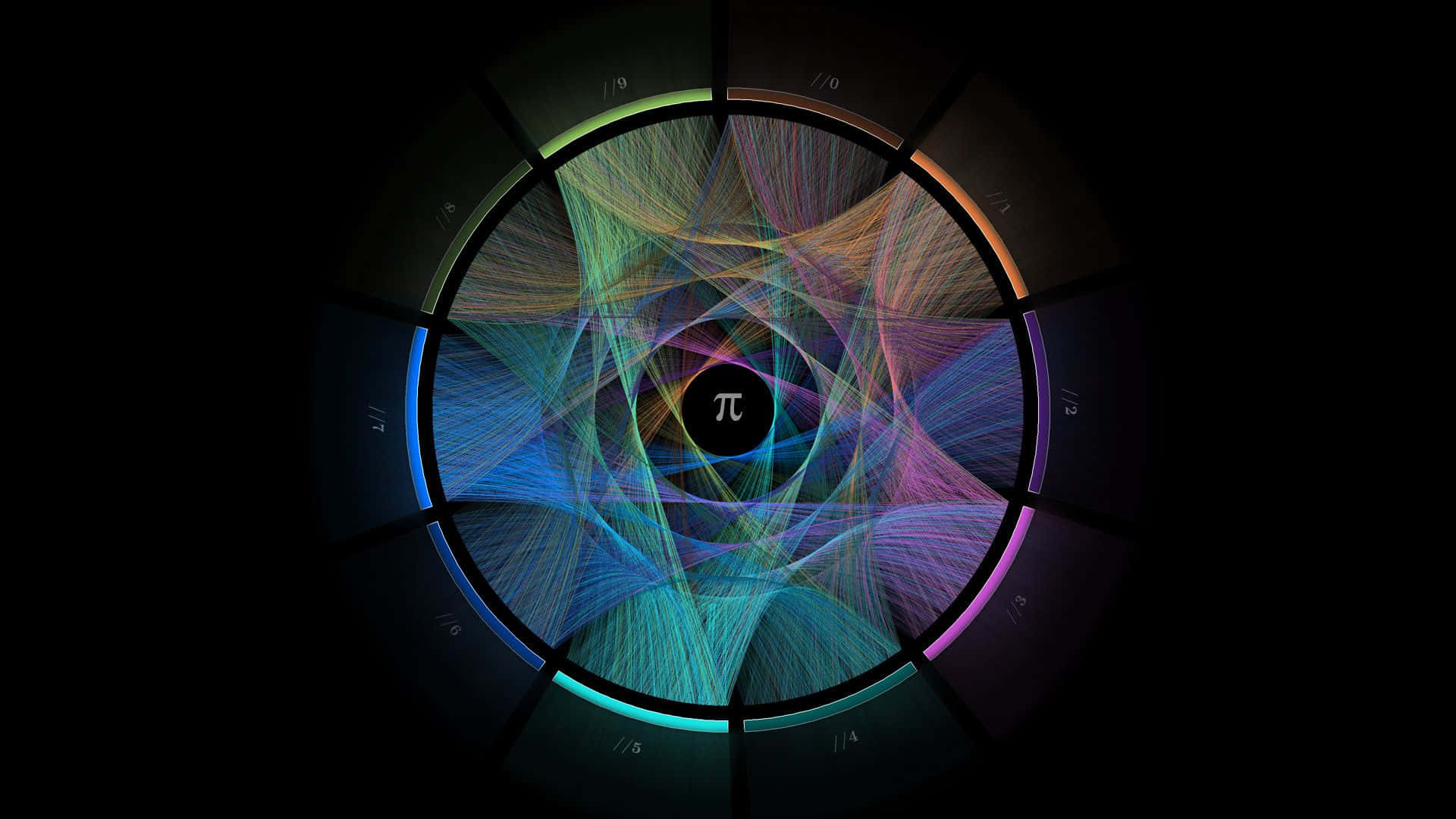 fractal artwork, swirling rainbow lines, central pi symbol, Full HD Desktop Wallpaper