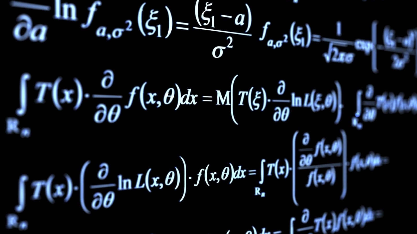 glowing blue text, deep black background, complex mathematical equations, HD Desktop Wallpaper