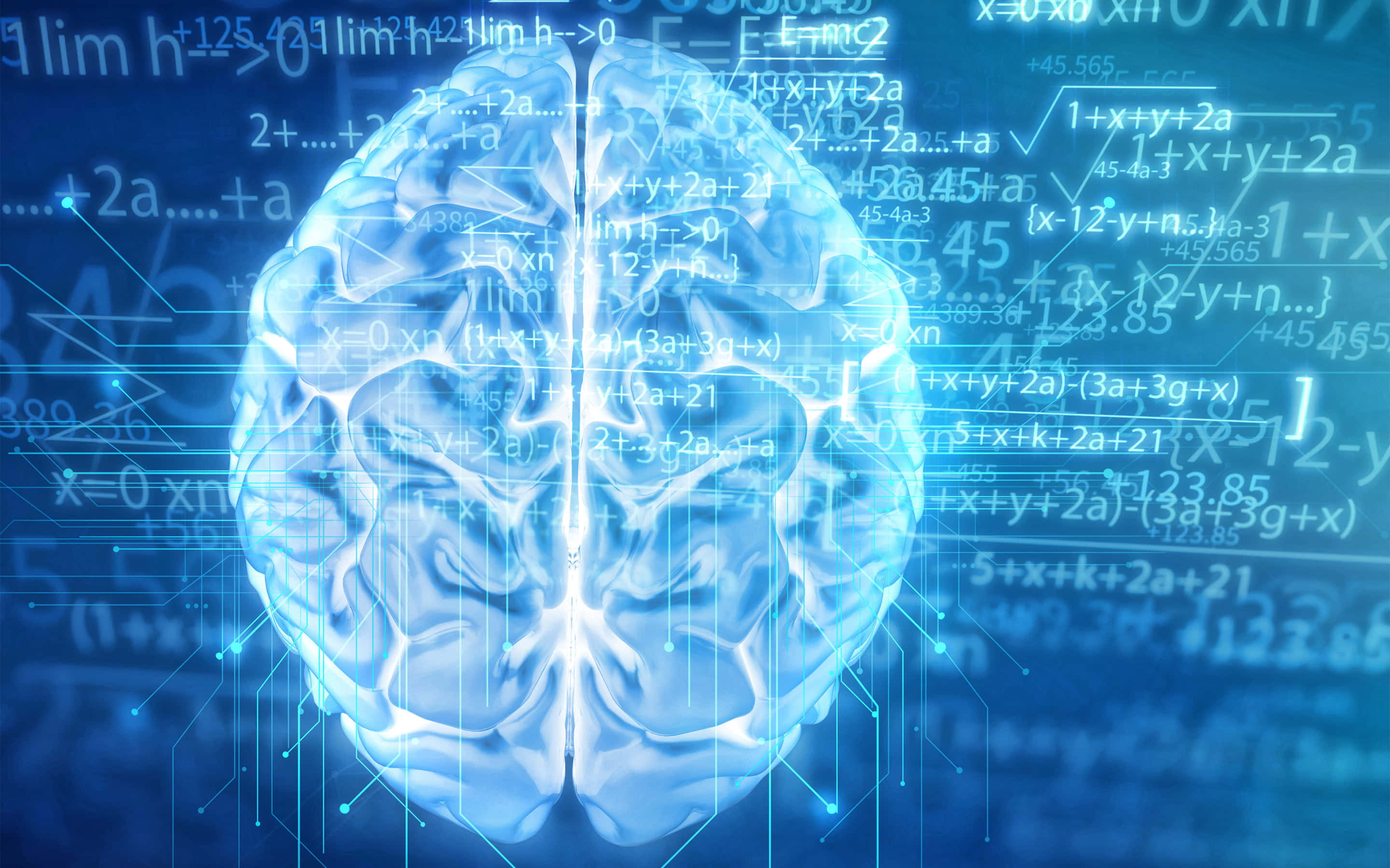 Cool Math, glowing translucent brain, floating mathematical equations, 2K Desktop Wallpaper
