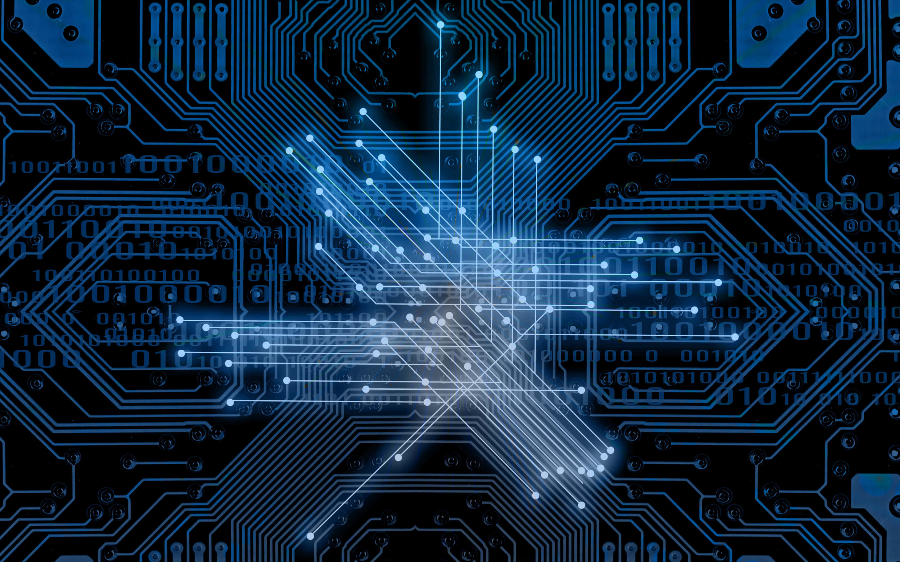 glowing blue neural network, dark circuit board, binary code, 2K Desktop Wallpaper
