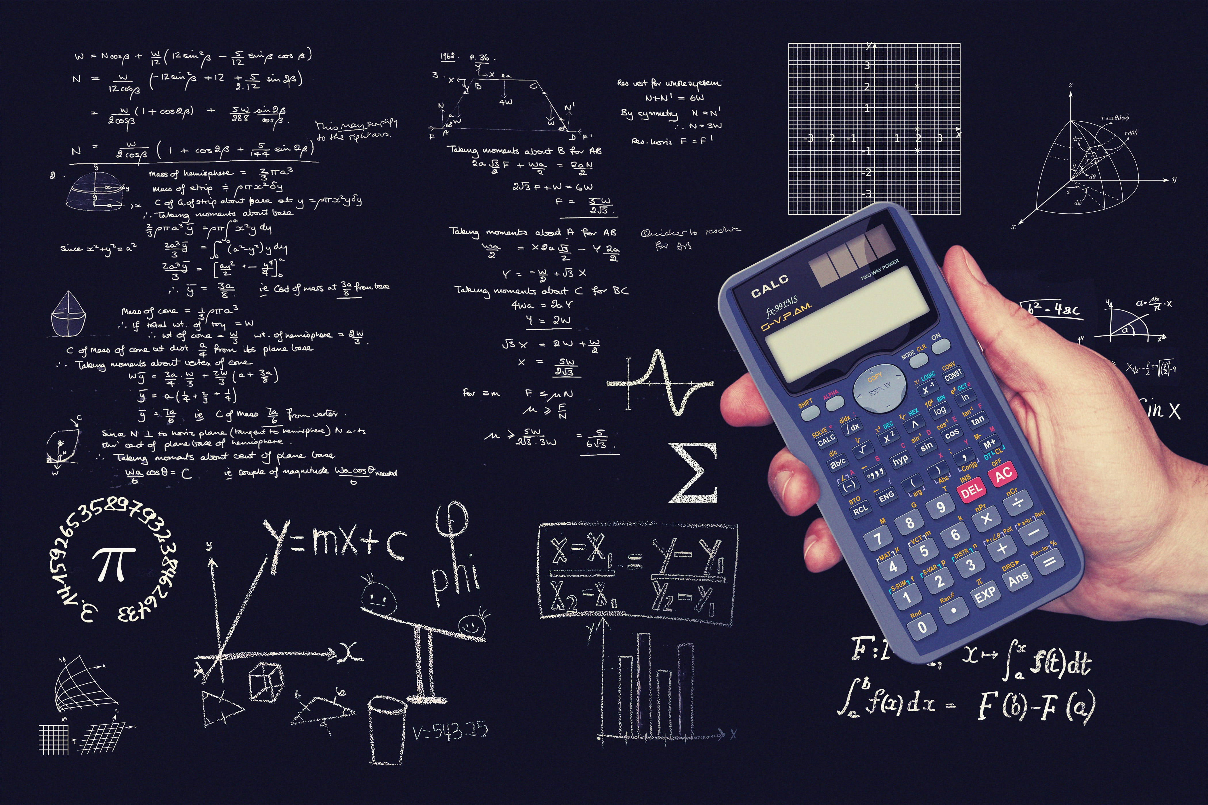 blue scientific calculator, dark background, handheld, 4K Desktop Wallpaper