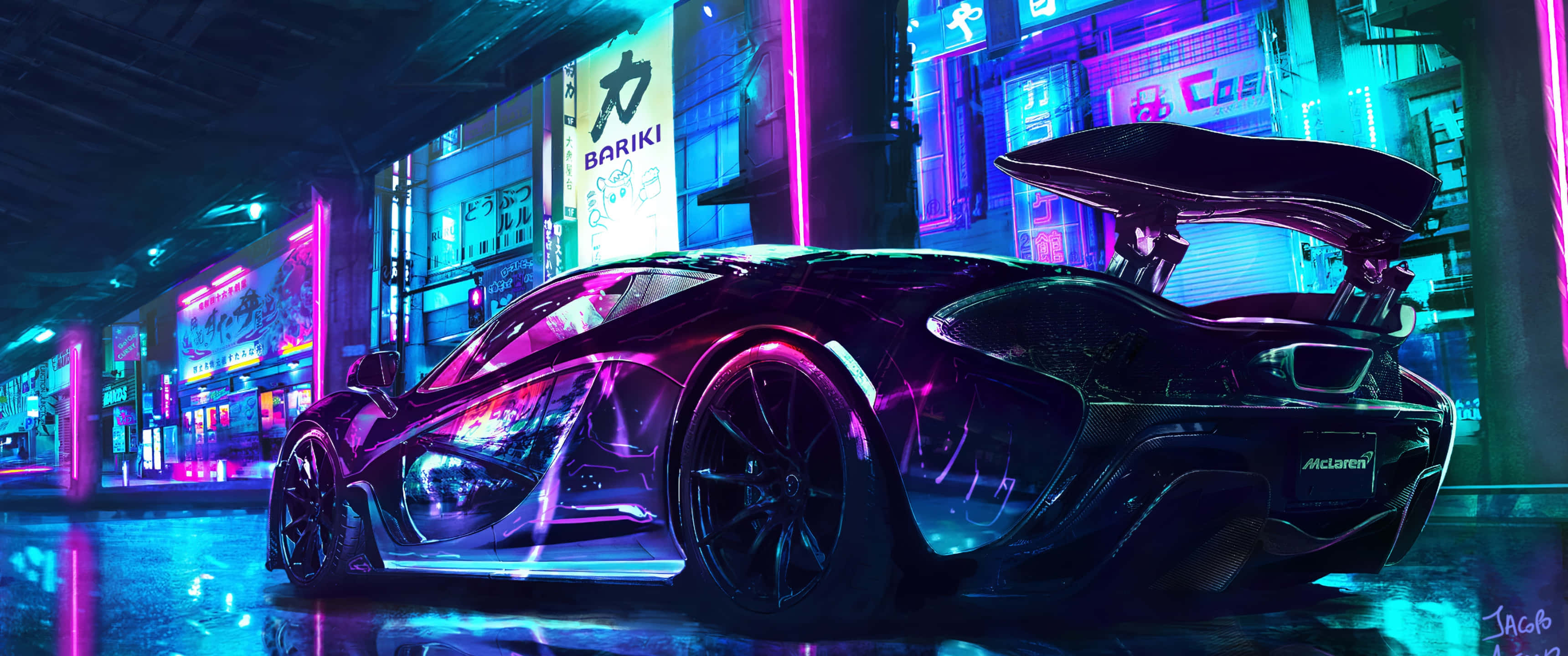 McLaren, sleek black, neon lights, 2K Desktop Wallpaper
